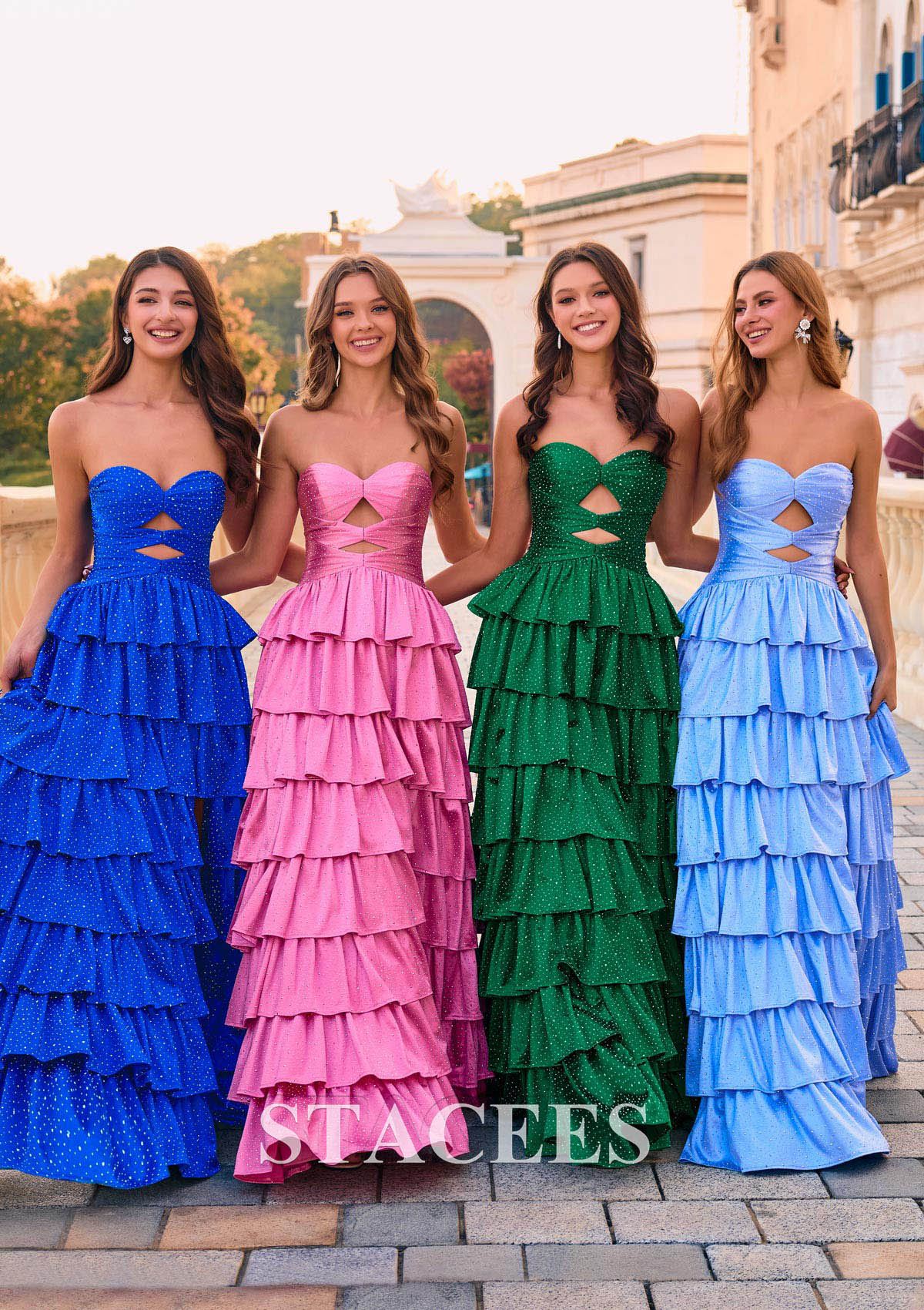 Emerald Sparkle A-line Strapless Cut-Out Tiered Ruffle Hot Fix Prom Dress with Slit - STACEES