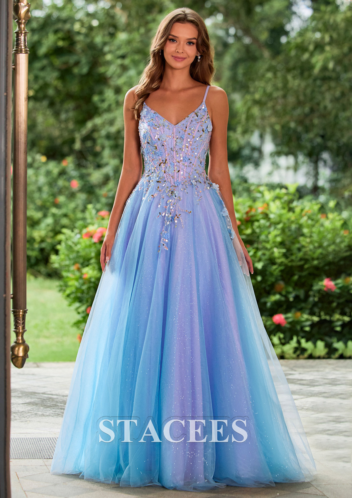 As picture Sparkle A-line Floral Applique Corset Glitter Tulle Prom Dress - STACEES