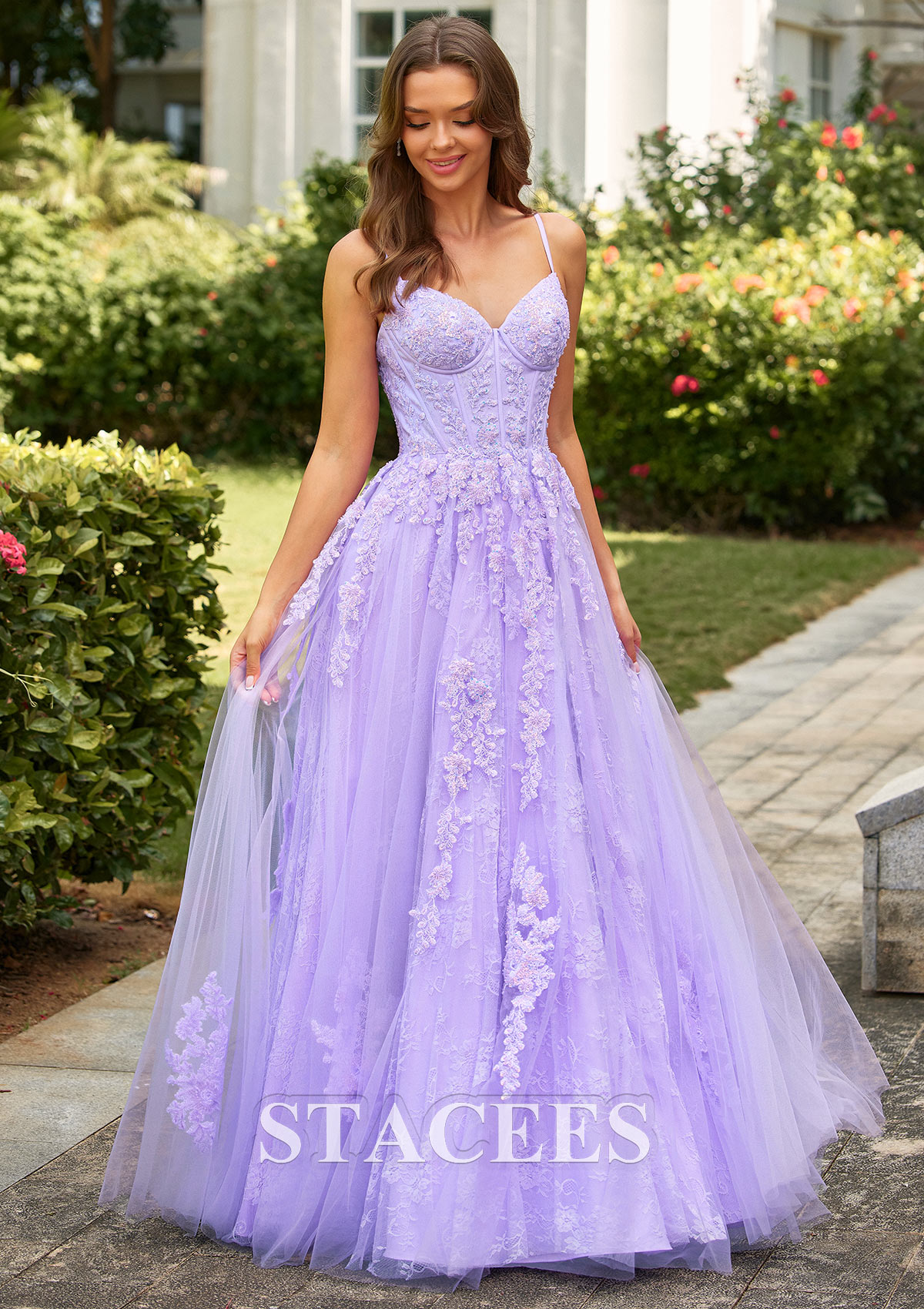 Lilas Trapèze col en v tulle longueur ras du sol robe de bal avec appliqué perles dentelle - STACEES