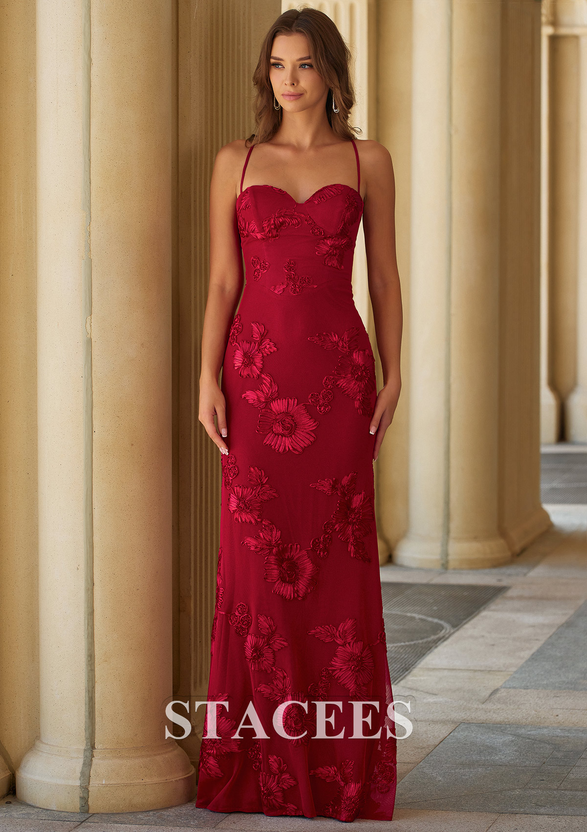 Red Fitted Floral Jacquard Spaghetti Strap Prom Gown with Open Lace-Up Back - STACEES