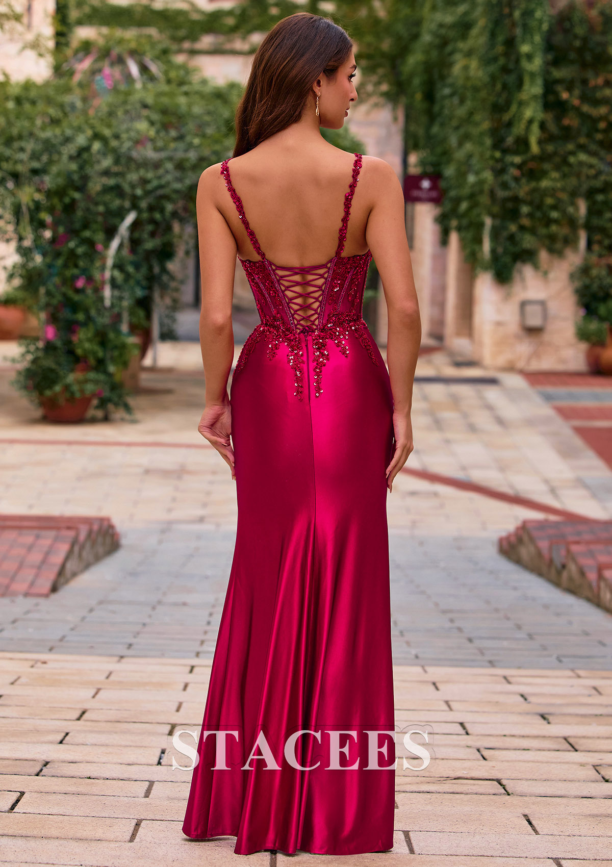 Burgundy Sheath V-Neck Embellished llusion Corset Slit Prom Dress with Spaghetti Straps - STACEES