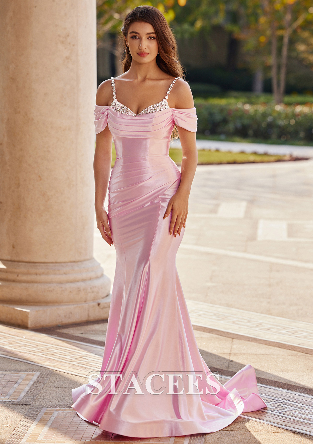 Rose Rougissant Trumpette/Sirène col bénitier soie comme du satin traîne balayage robe de bal - STACEES