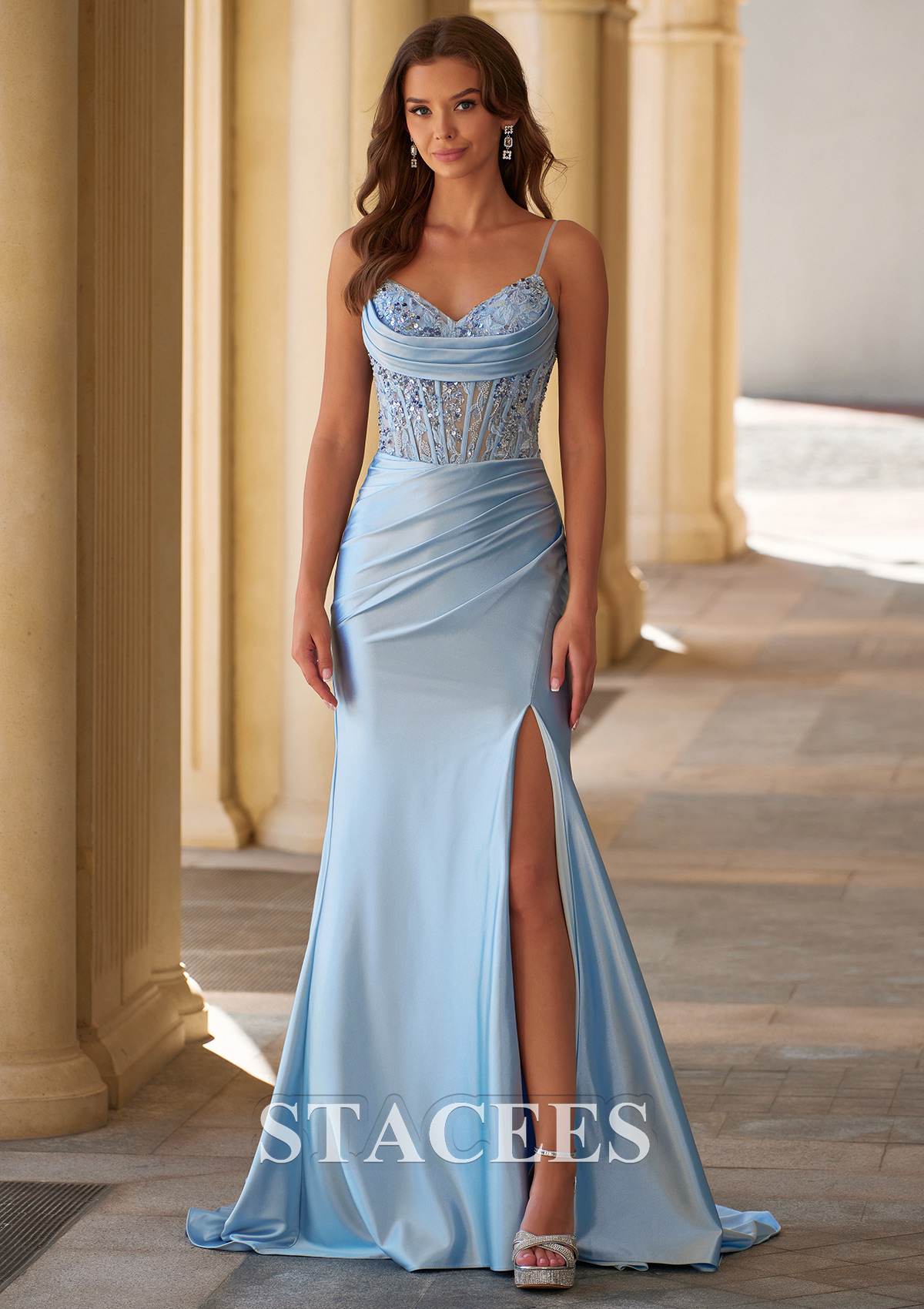 Sky Blue Mermaid Cowl V Neck Beaded Corset Prom Dress with Spaghetti Straps Slit - STACEES
