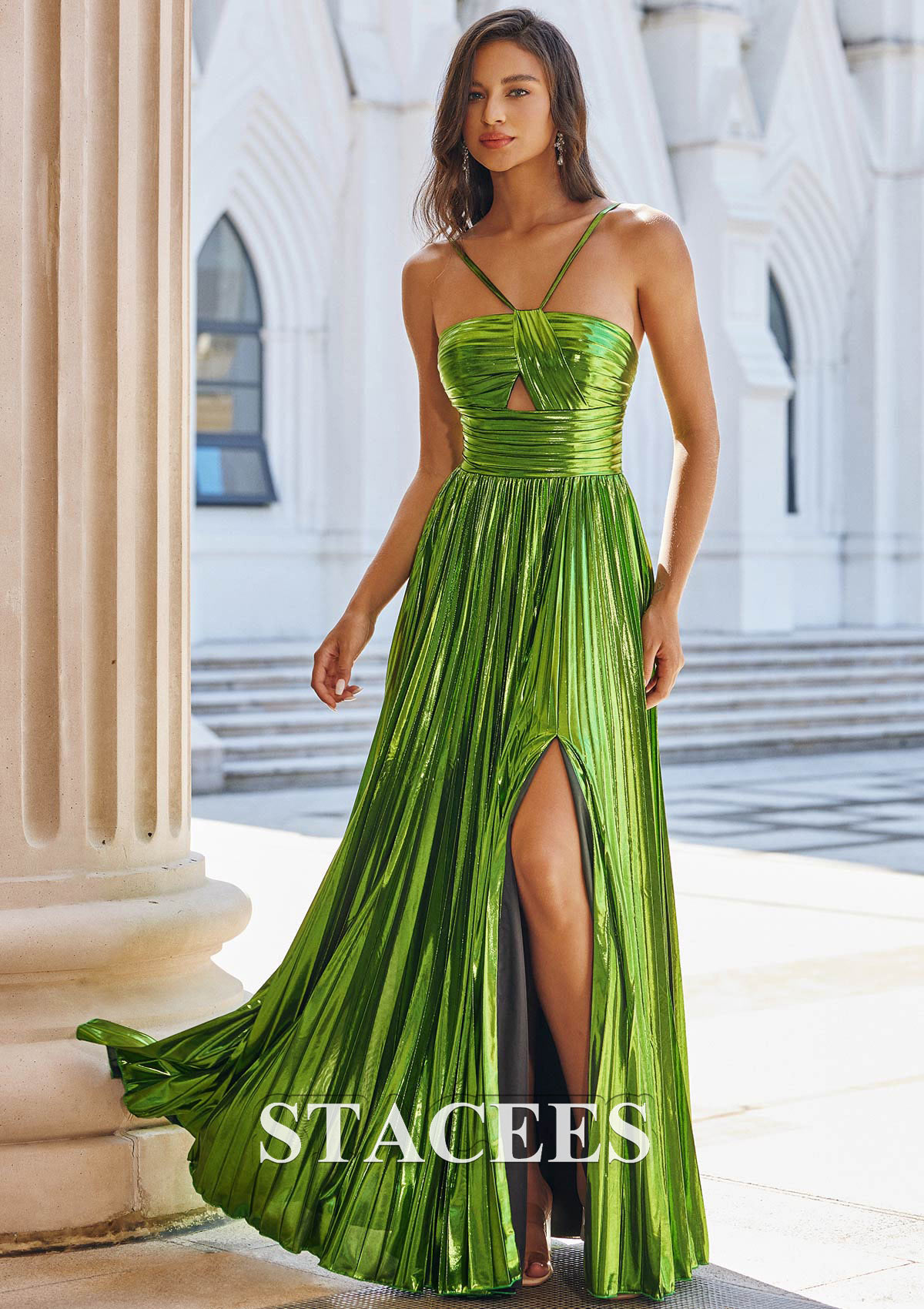Lime Green A-line Sleeveless Floor-Length Metallic Prom Dress with Pleated Split - STACEES