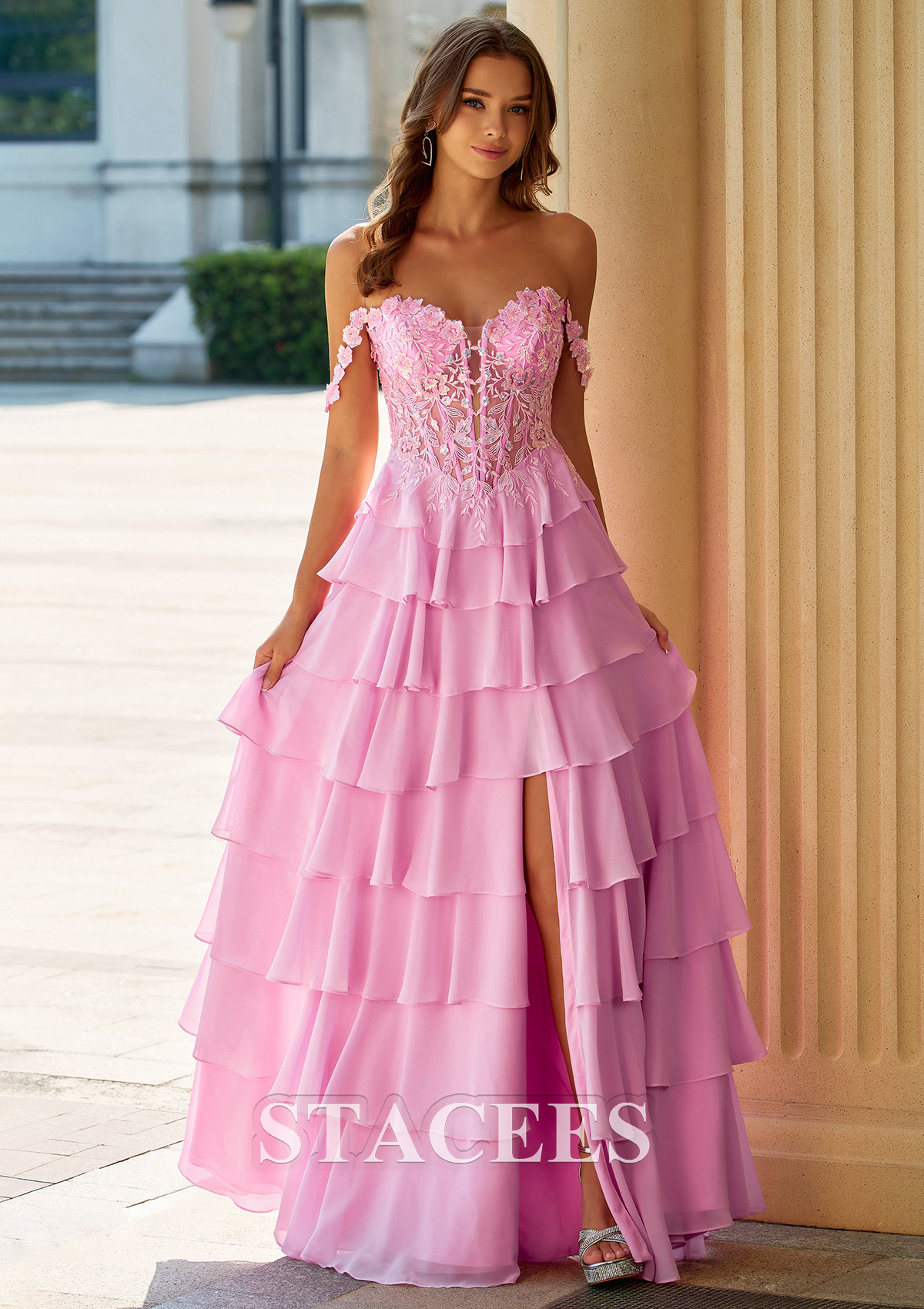 Candy Pink A-line Off-the-Shoulder Tiered Ruffle Prom Dress with Floral Lace Corset - STACEES