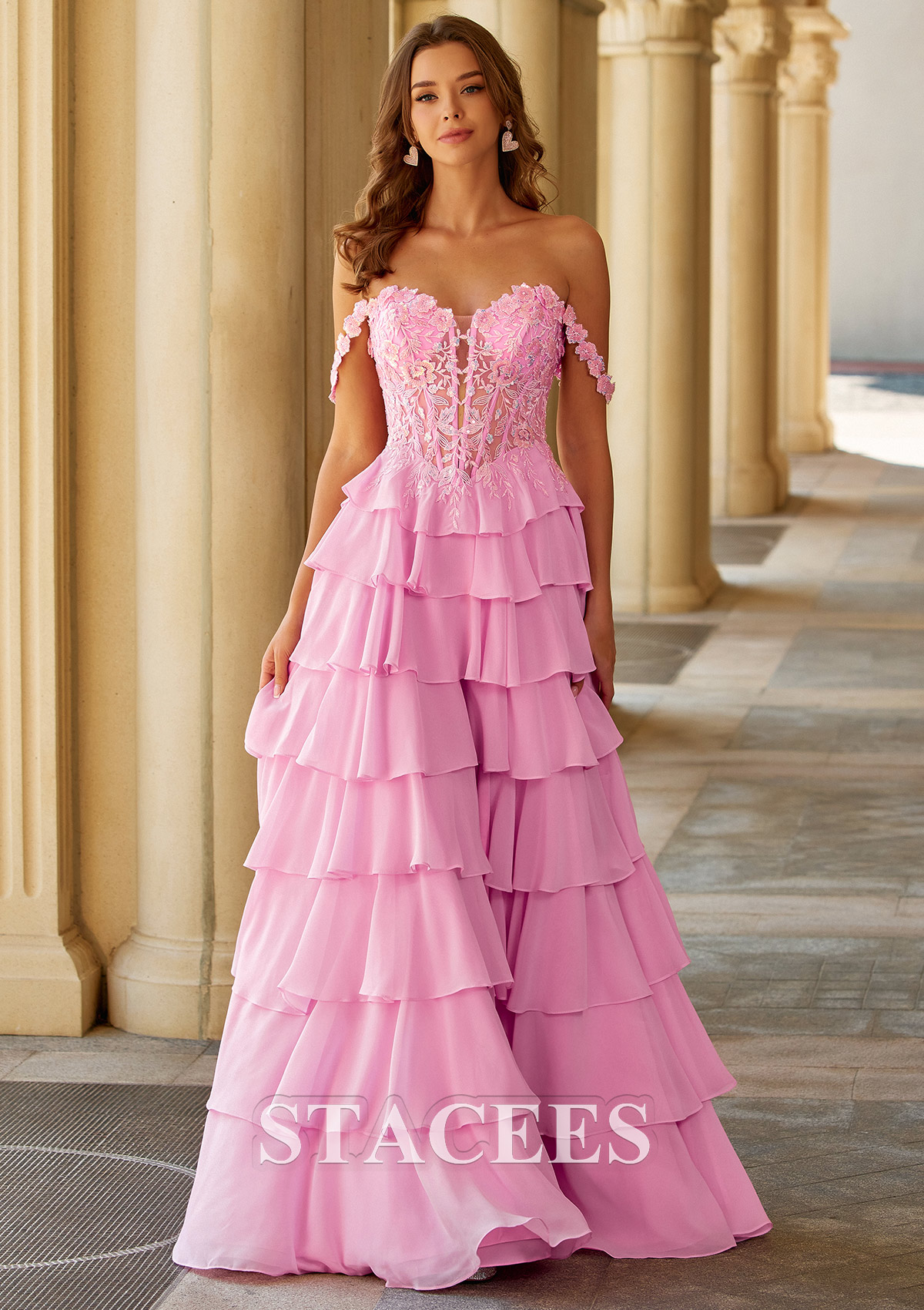 Candy Pink A-line Off-the-Shoulder Tiered Ruffle Prom Dress with Floral Lace Corset - STACEES
