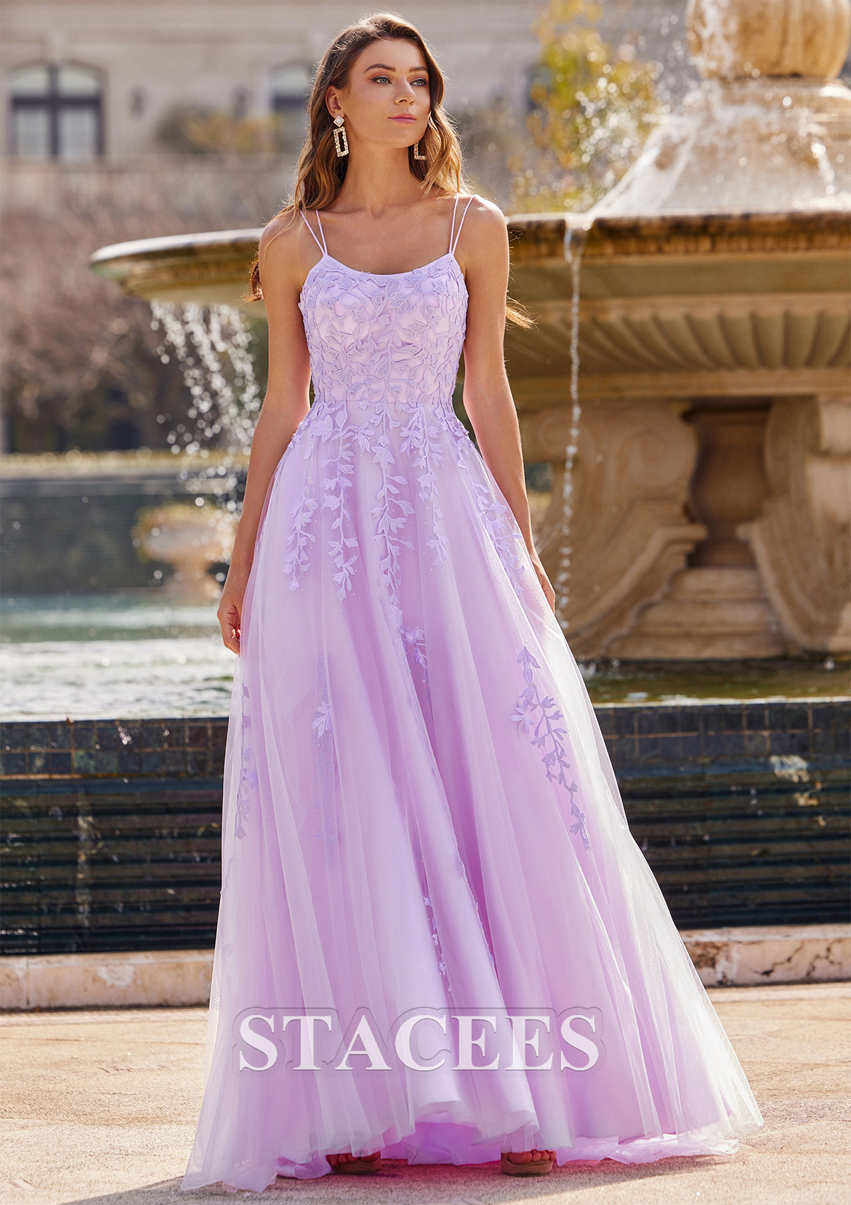 Lilac A-line Princess Square Neckline Sleeveless Sweep Train Tulle Prom Dress with Appliqued - STACEES