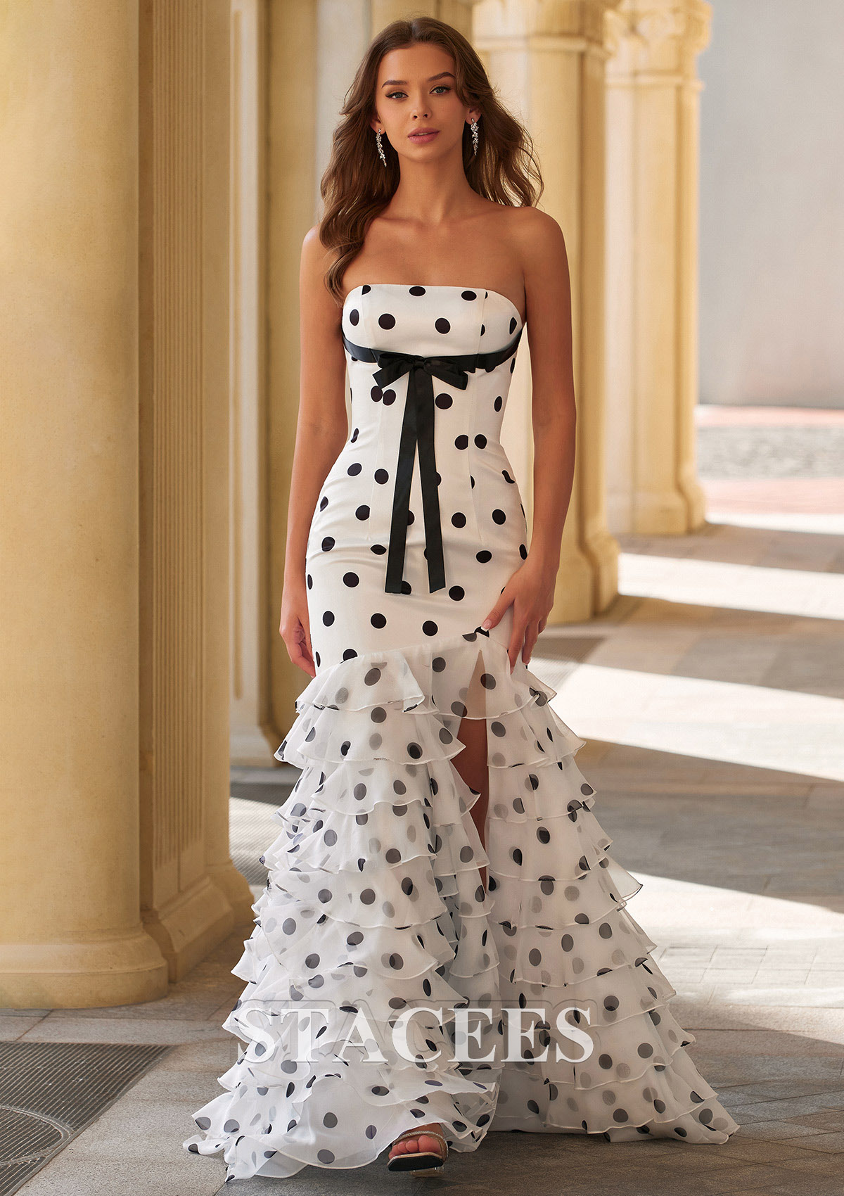White Black A-line White Black Polka Dot Strapless Prom Dress with Slit Chiffon Ruffle Skirt - STACEES