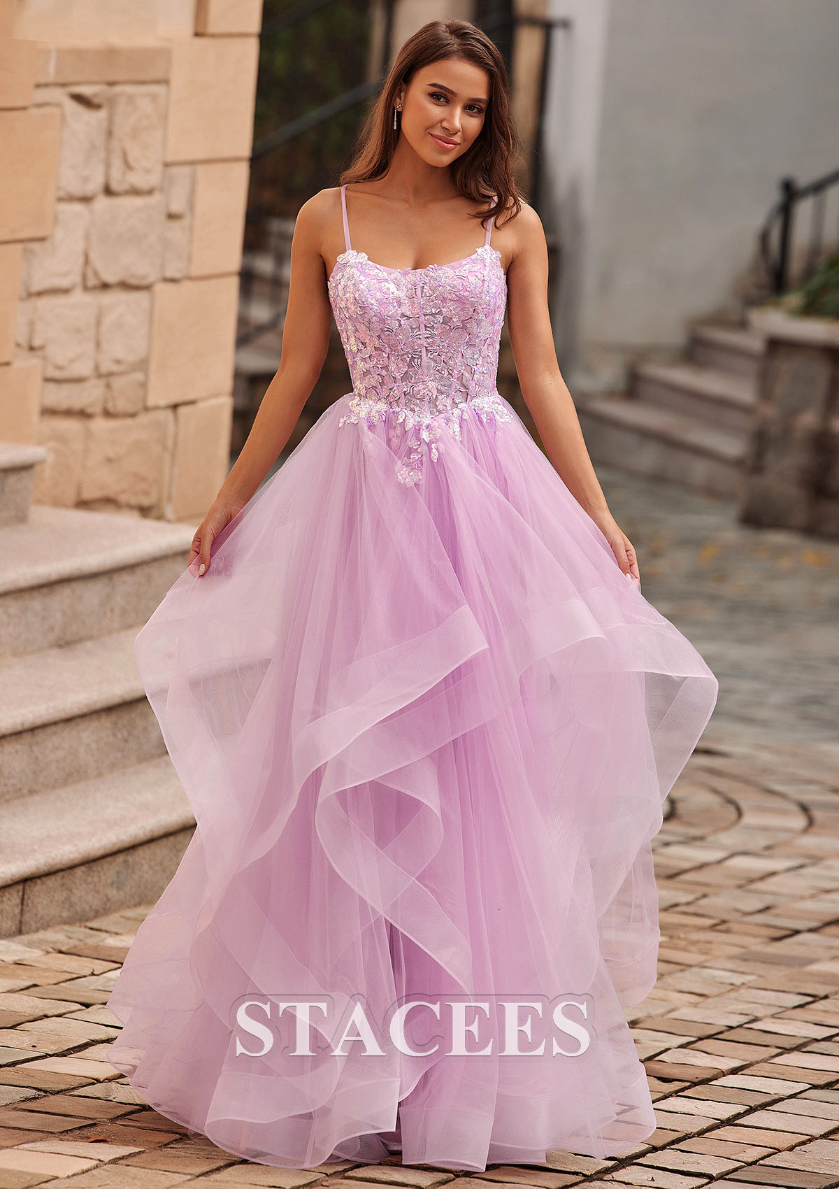 Lilac A-line Scoop Neck Tulle Floor-Length Prom Dress with Appliqued Ruffles Sequins - STACEES