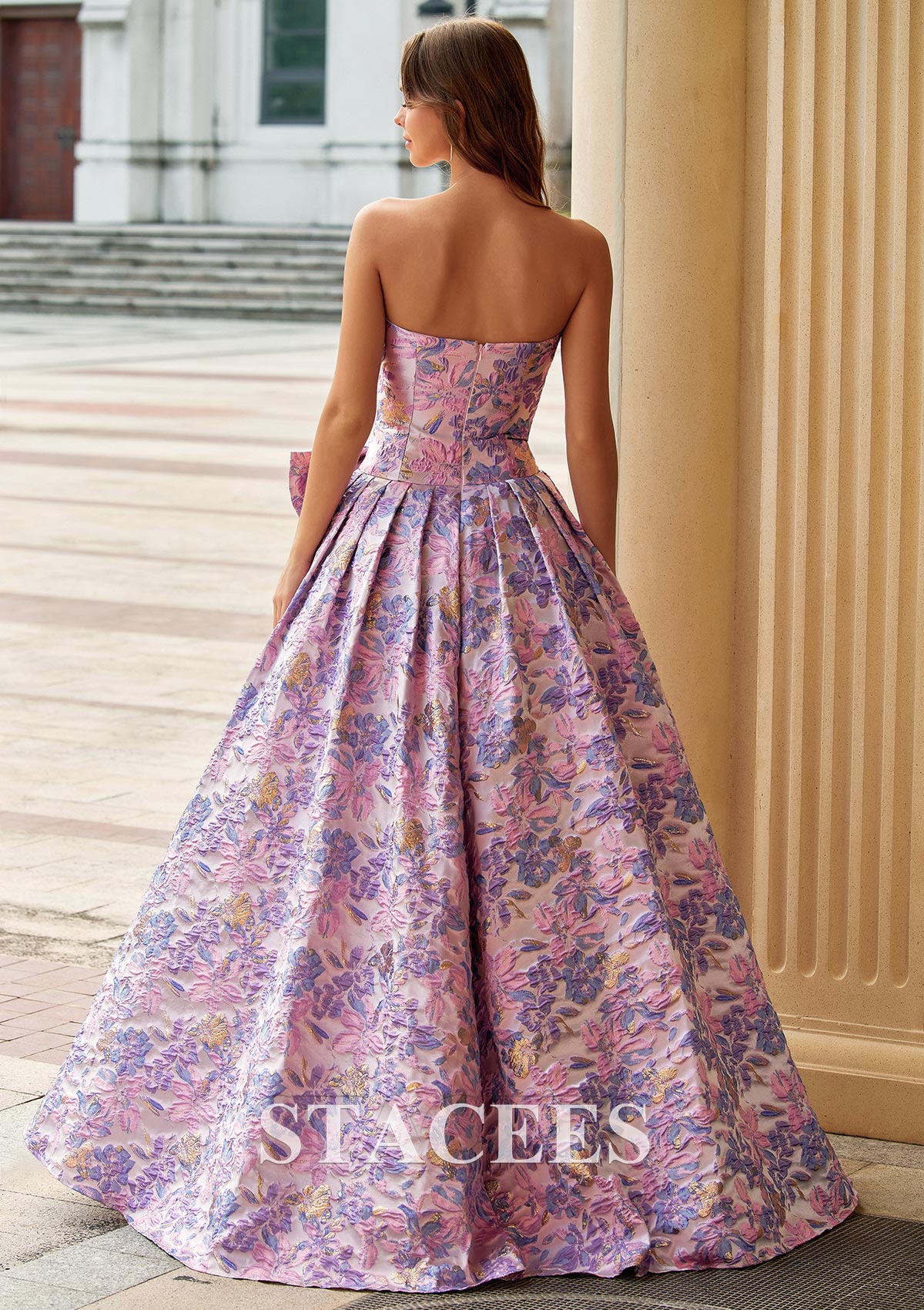 Pink Lilac Floral Strapless Metallic Floral Brocade Ball Gown Prom Dress with Side Bow - STACEES