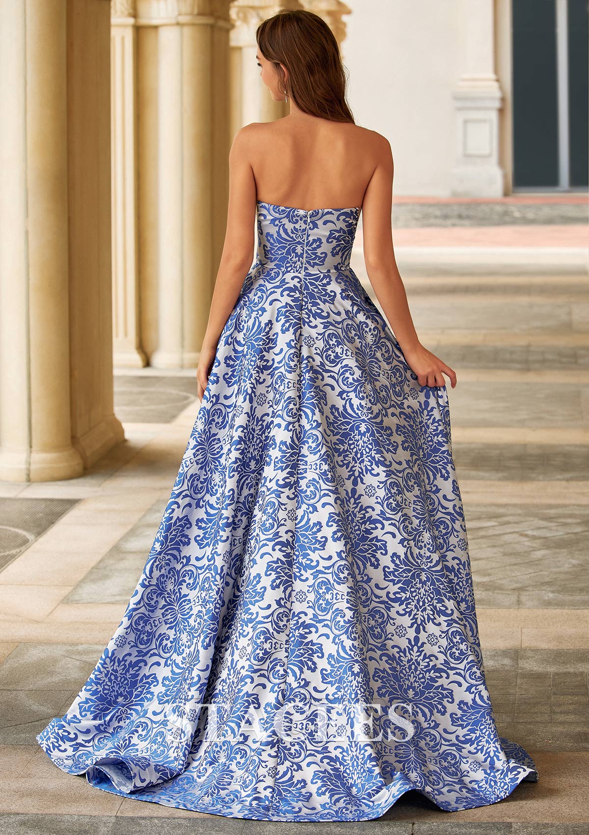 Bleu Océan Trapèze carrée jacquard traîne balayage robe de bal avec fendue - STACEES