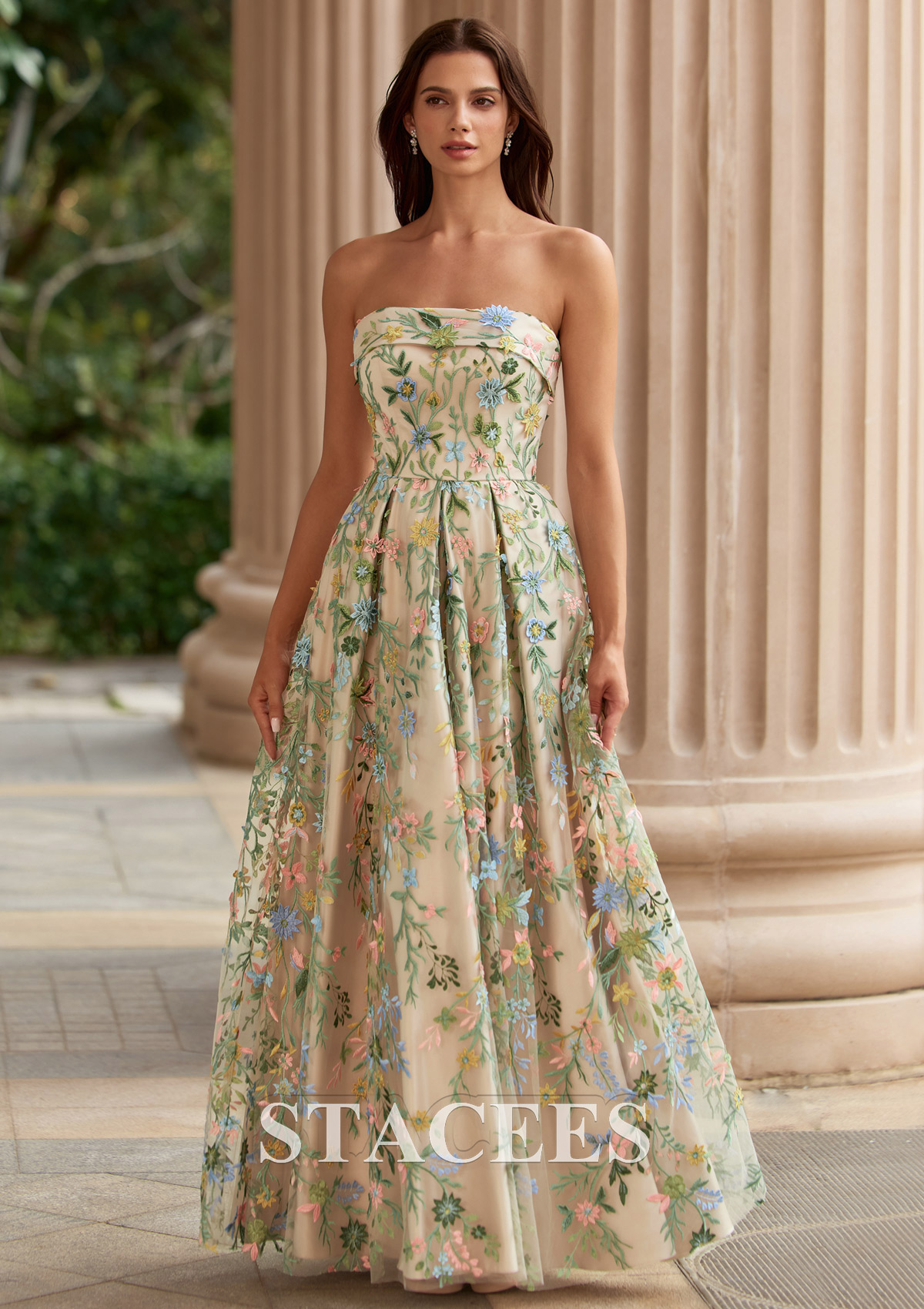 Champagne Floral Trapèze carrée tulle longueur ras du sol robe de bal avec broderie poches - STACEES