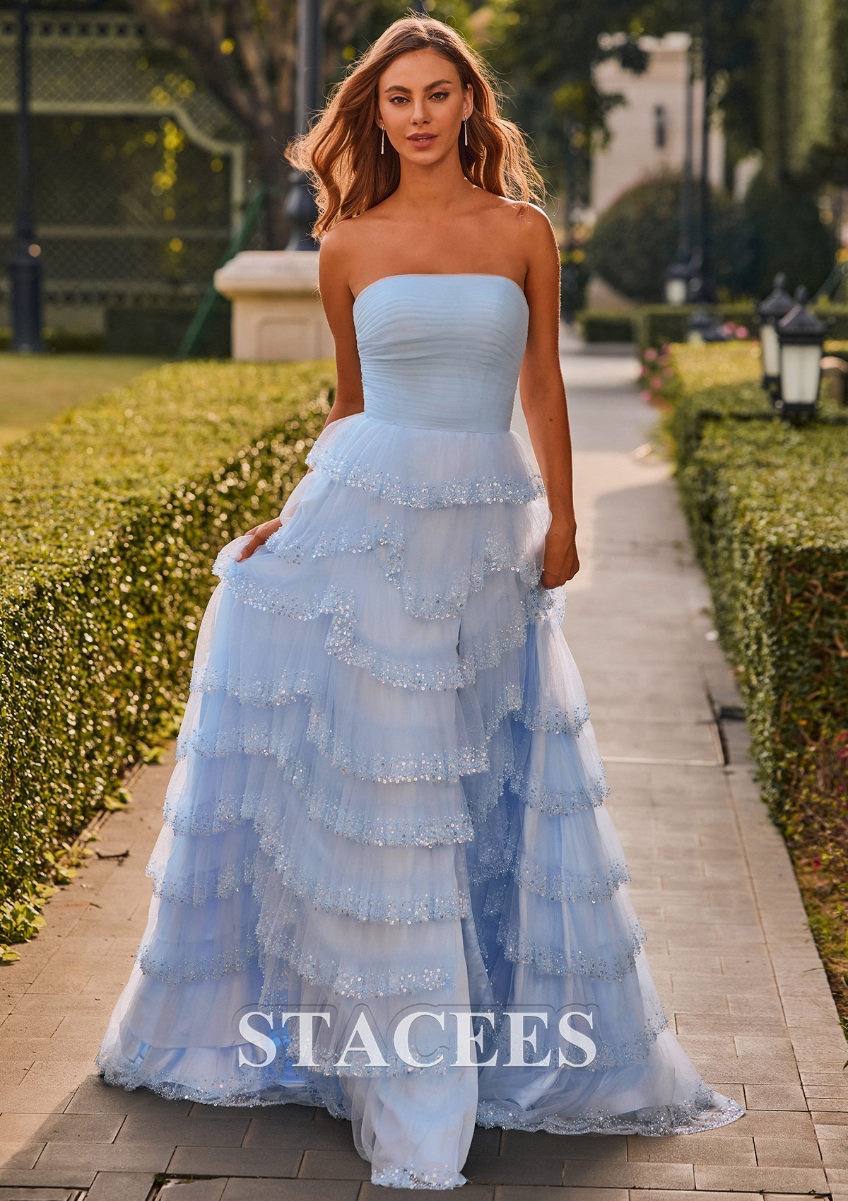 Sky Blue A-line Pleated Strapless Ruffle Beaded Prom Dress with Slit - STACEES