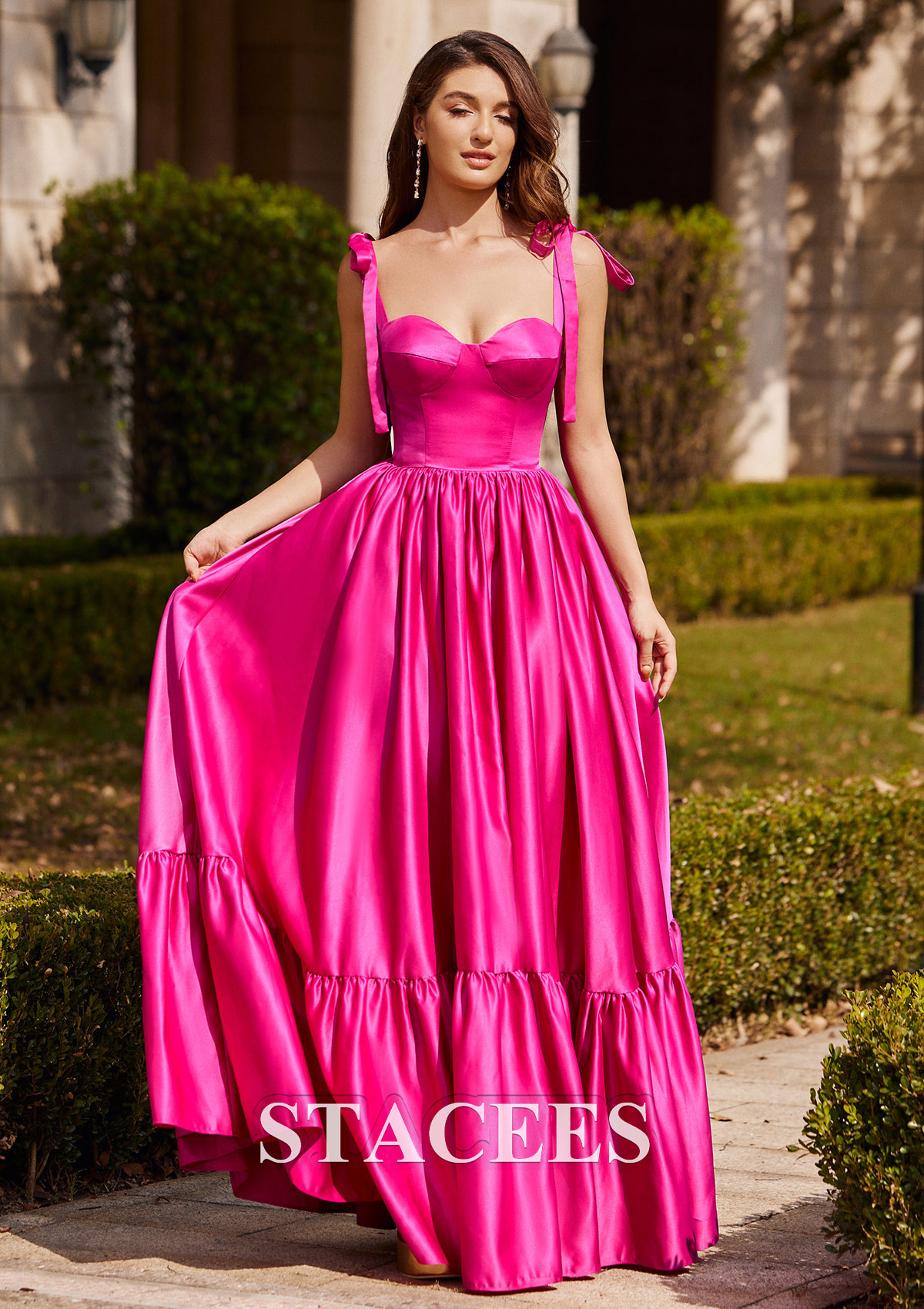 Fuchsia Trapèze cache coeur satin ras du sol robe de bal - STACEES