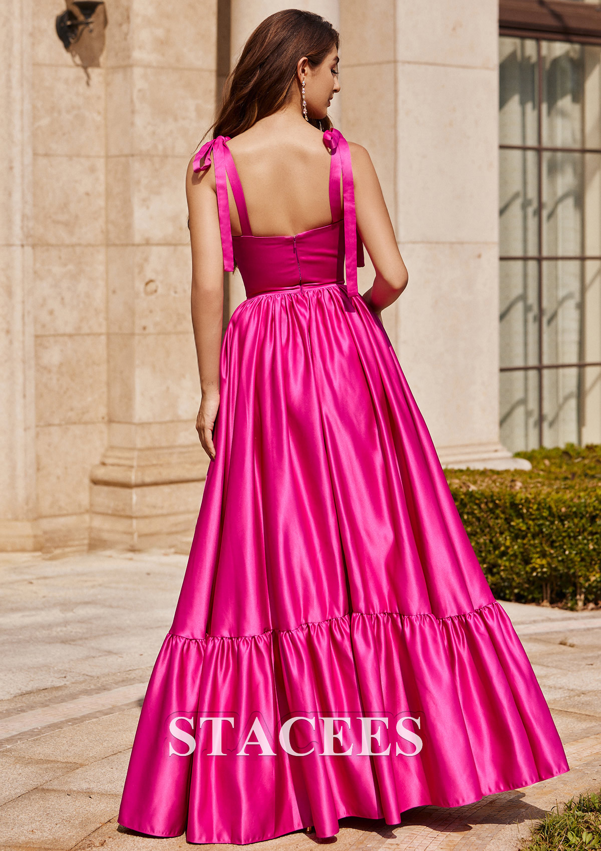 Fuchsia Trapèze cache coeur satin ras du sol robe de bal - STACEES