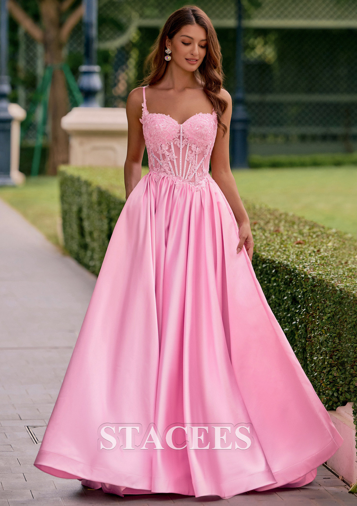 Blushing Pink A-line Beaded Sheer Corset Floor-Length Satin Prom Dress with Pockets  - STACEES