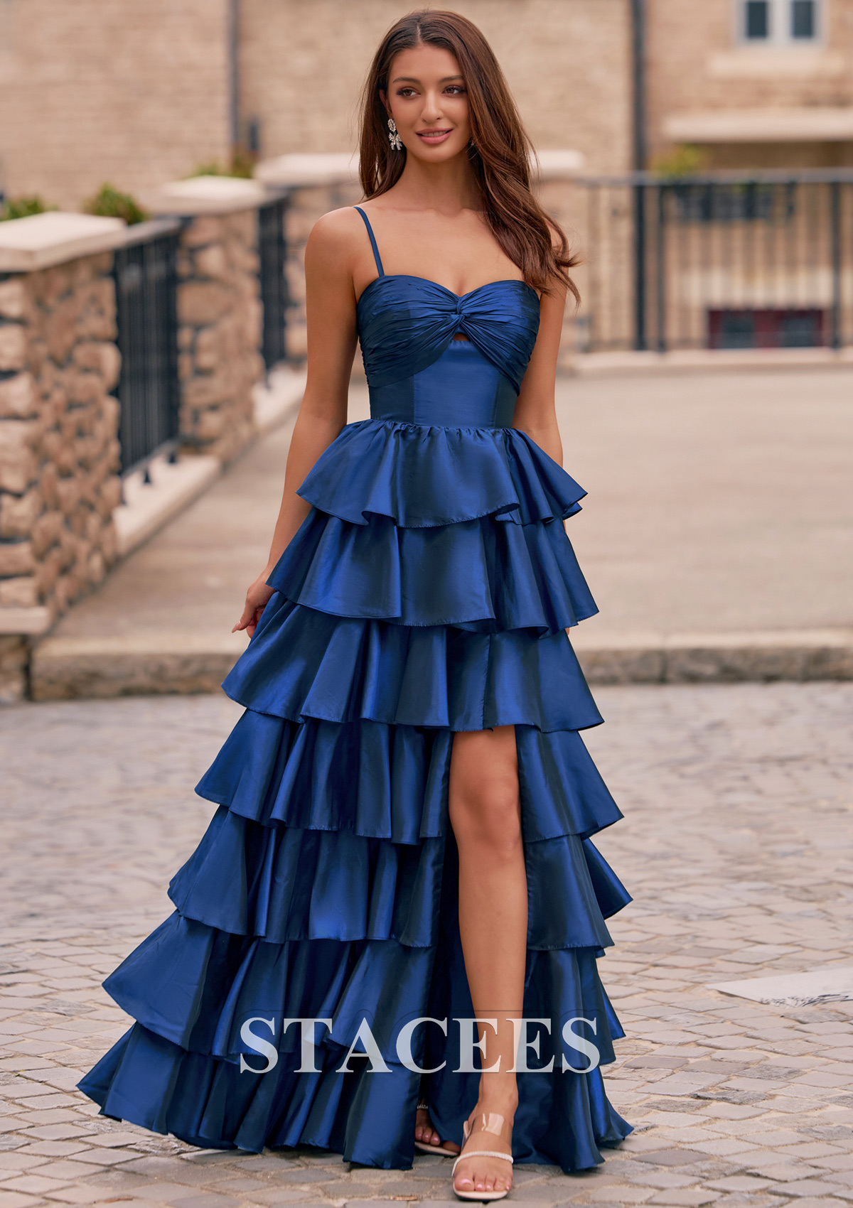 Dark Navy A-line Ruched Taffeta Tiered Ruffled Prom Dress with Keyhole Slit - STACEES
