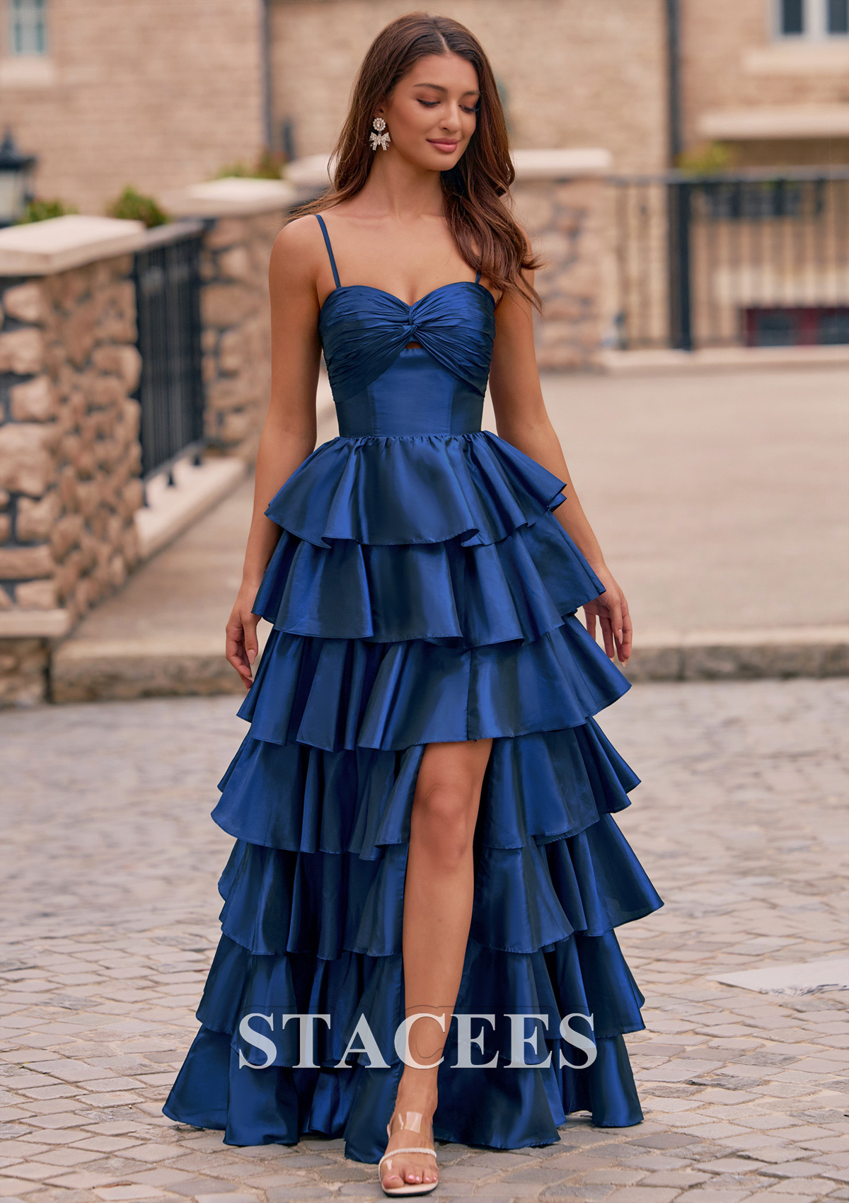 Dark Navy A-line Ruched Taffeta Tiered Ruffled Prom Dress with Keyhole Slit - STACEES