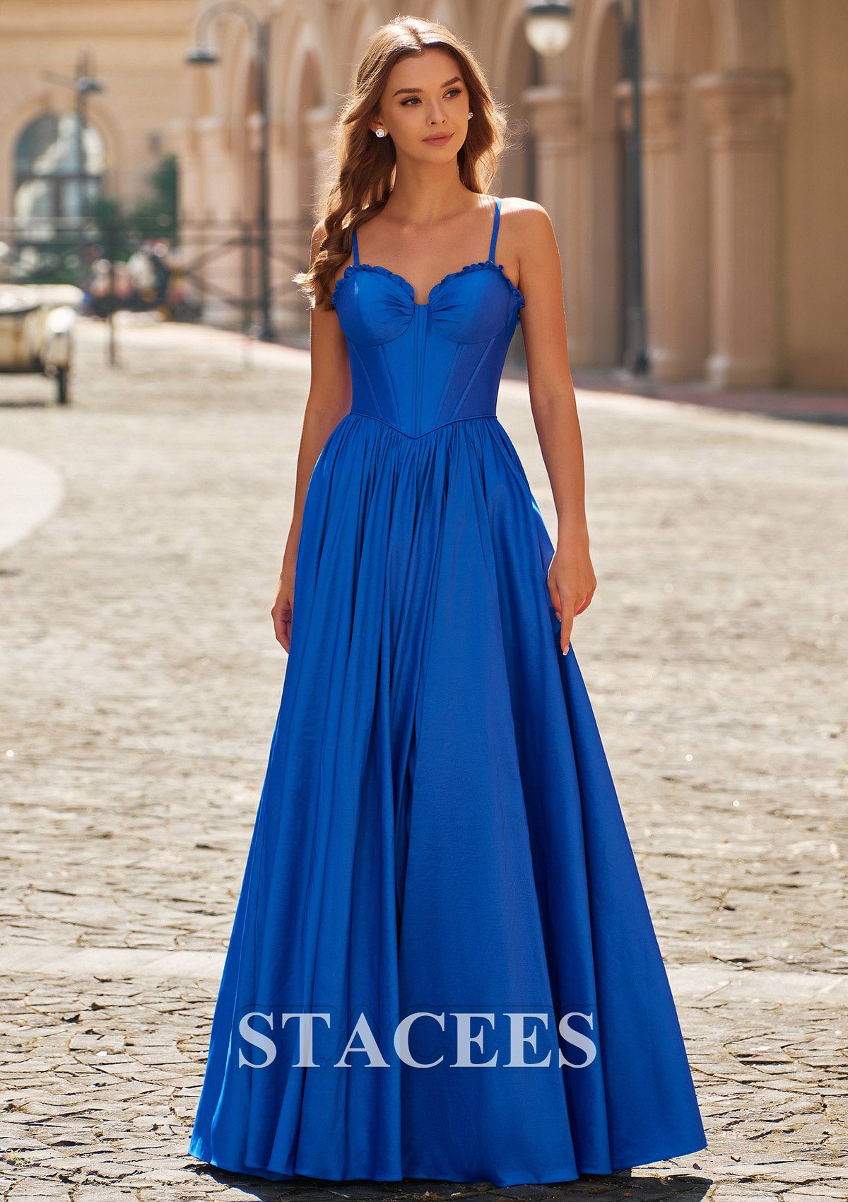 Bleu Royal Trapèze cache coeur taffetas longueur ras du sol robe de bal avec plissé - STACEES