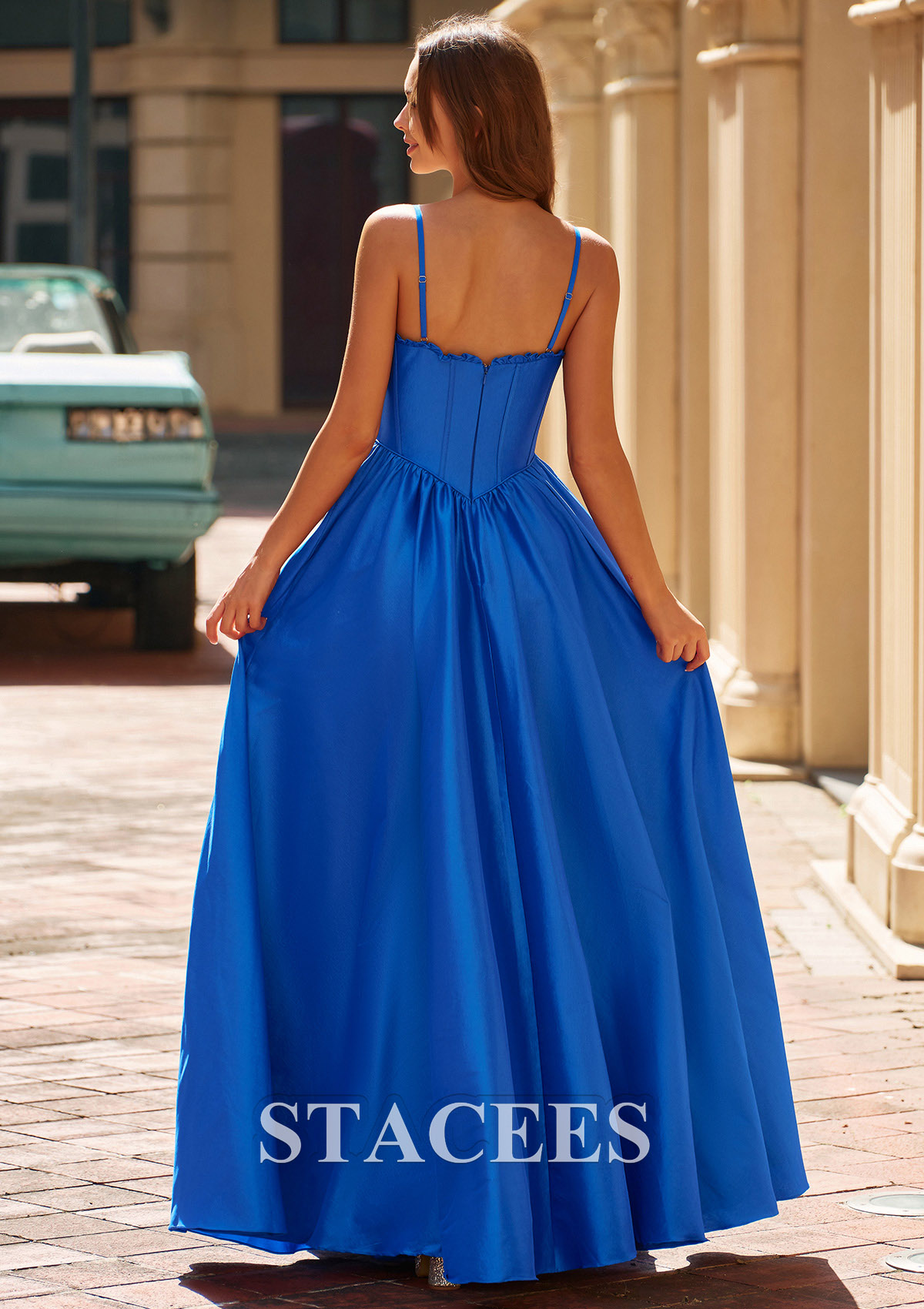 Bleu Royal Trapèze cache coeur taffetas longueur ras du sol robe de bal avec plissé - STACEES