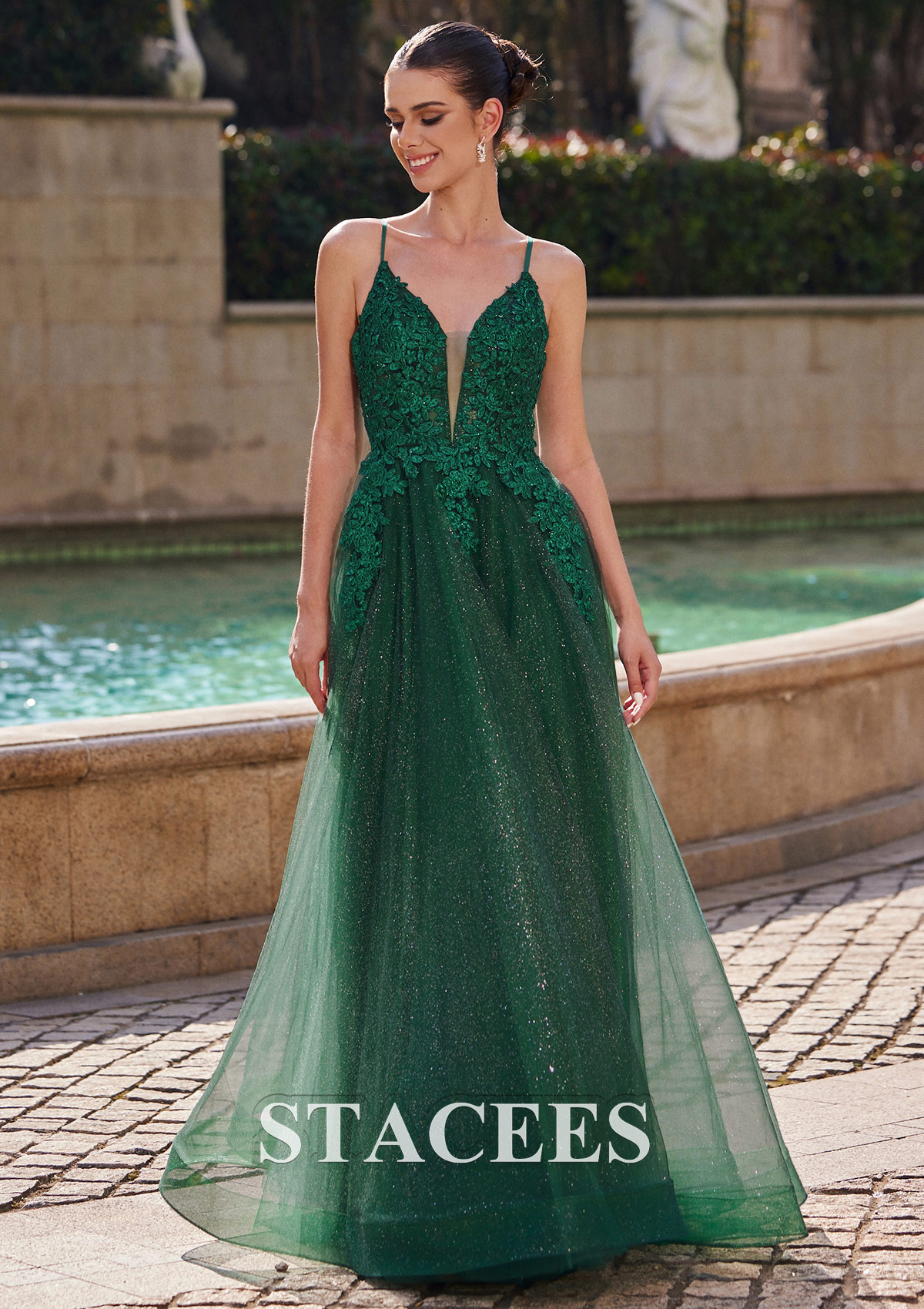 Dark Green Vestido línea a escote en v tul hasta el suelo vestido de graduación - STACEES