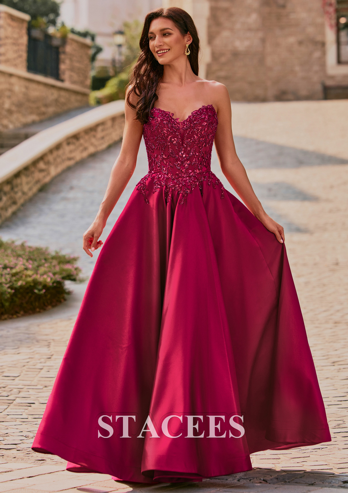 Bordeaux Trapèze col en v satin longueur ras du sol robe de bal avec poches paillettes - STACEES