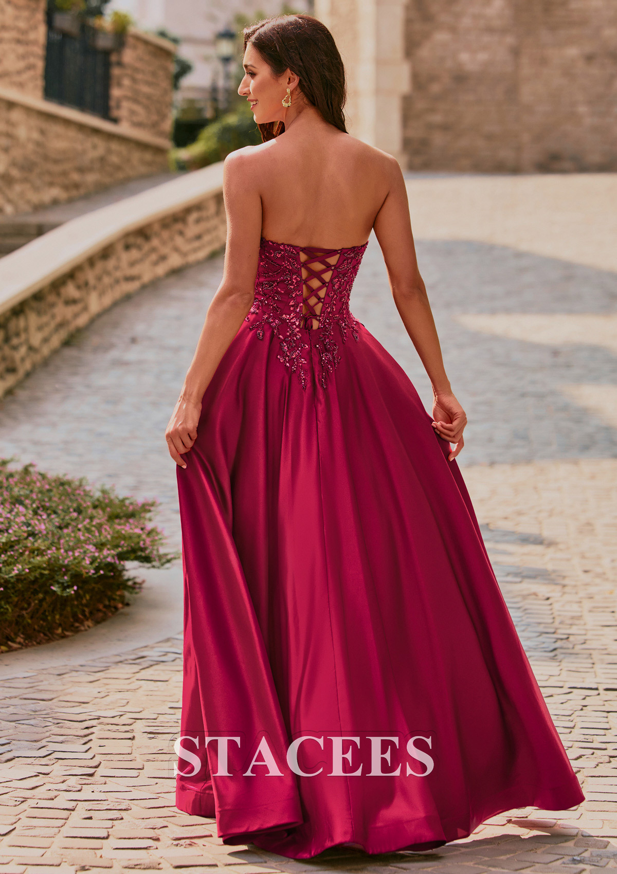 Bordeaux Trapèze col en v satin longueur ras du sol robe de bal avec poches paillettes - STACEES