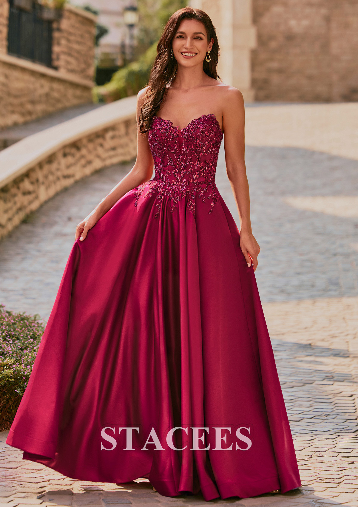 Bordeaux Trapèze col en v satin longueur ras du sol robe de bal avec poches paillettes - STACEES