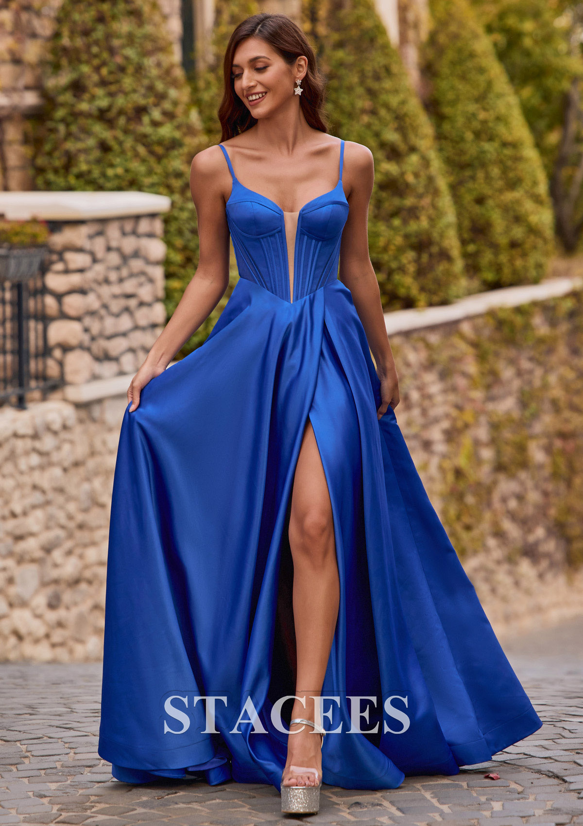 Ocean Blue A-line V Neck Satin Sweep Train Prom Dress with Split - STACEES