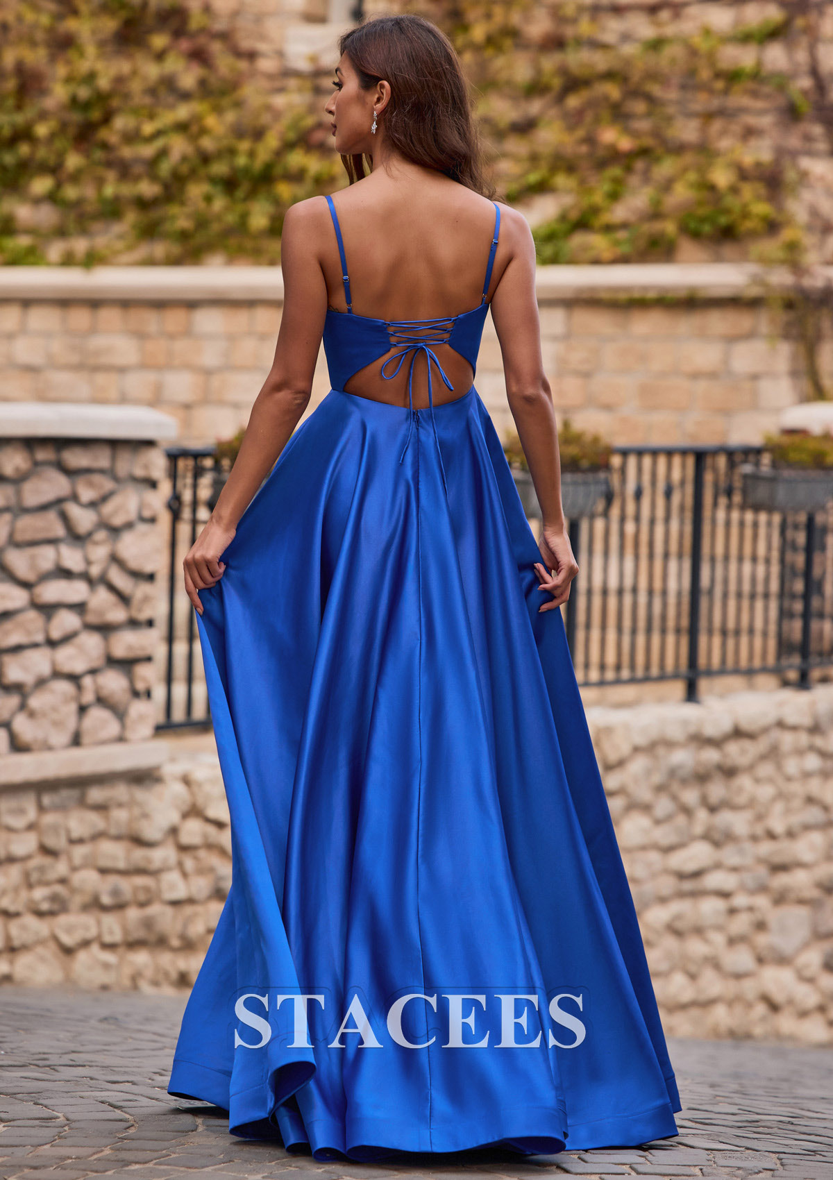 Ocean Blue A-line V Neck Satin Sweep Train Prom Dress with Split - STACEES