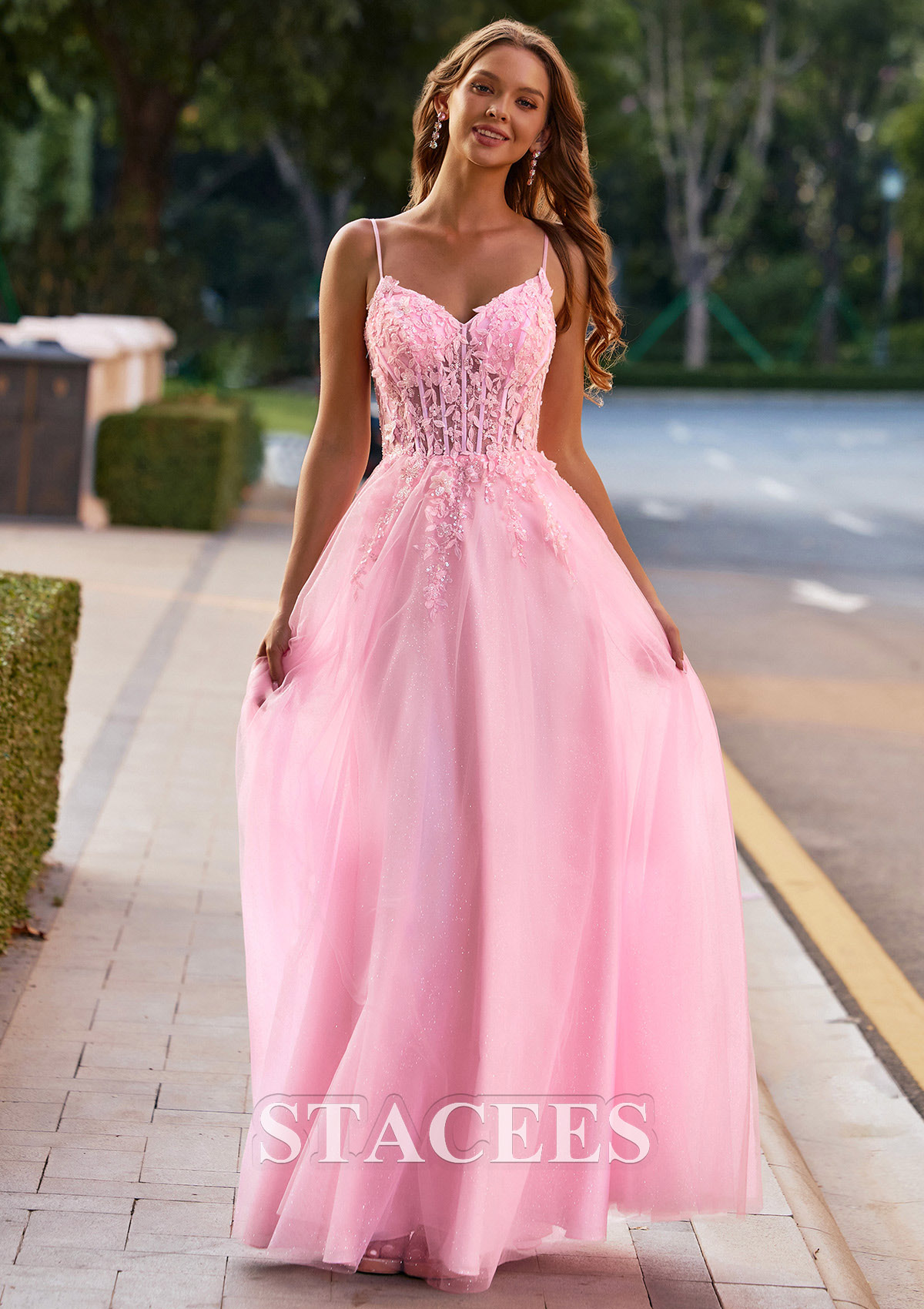 Blushing Pink A-line V Neck Floral Applique Sheer Corset Glittered Tulle Prom Dress - STACEES