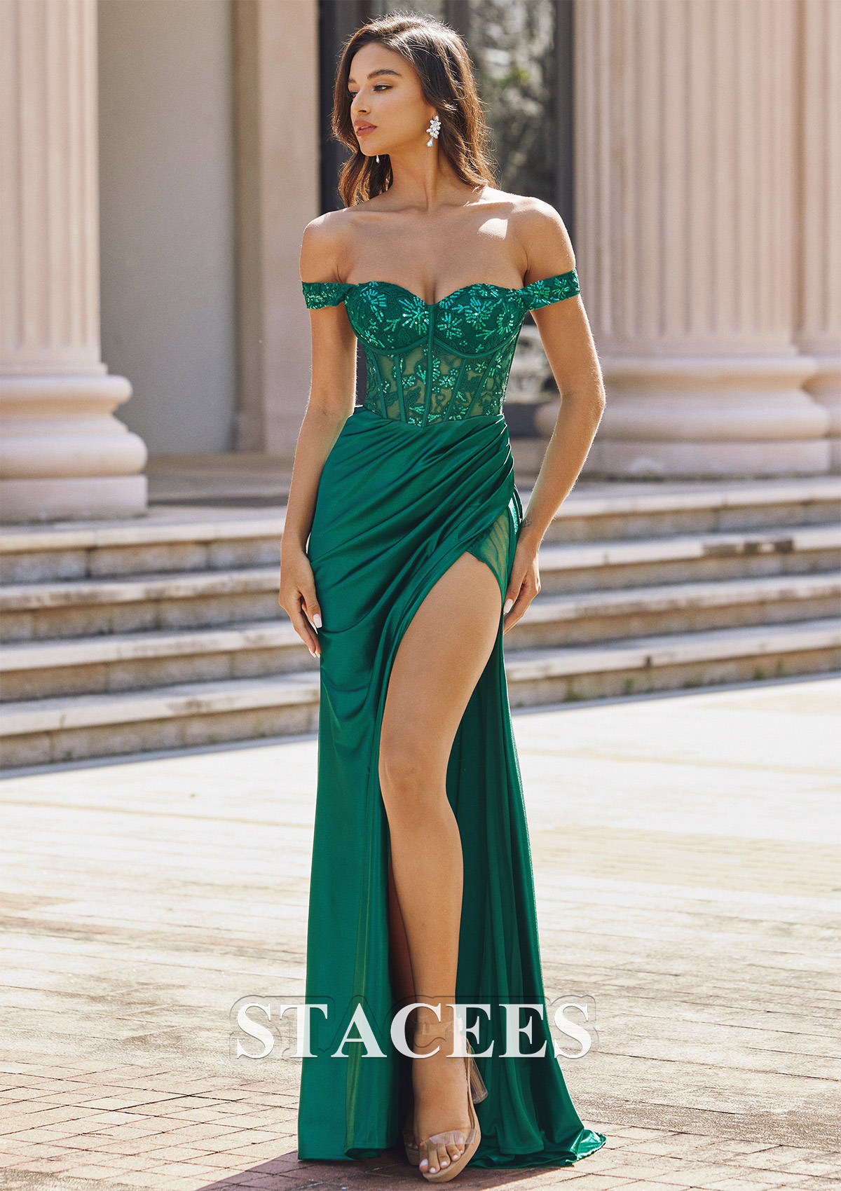Vert Foncé Fourreau épaule dénudée soie comme du satin traîne balayage robe de bal - STACEES