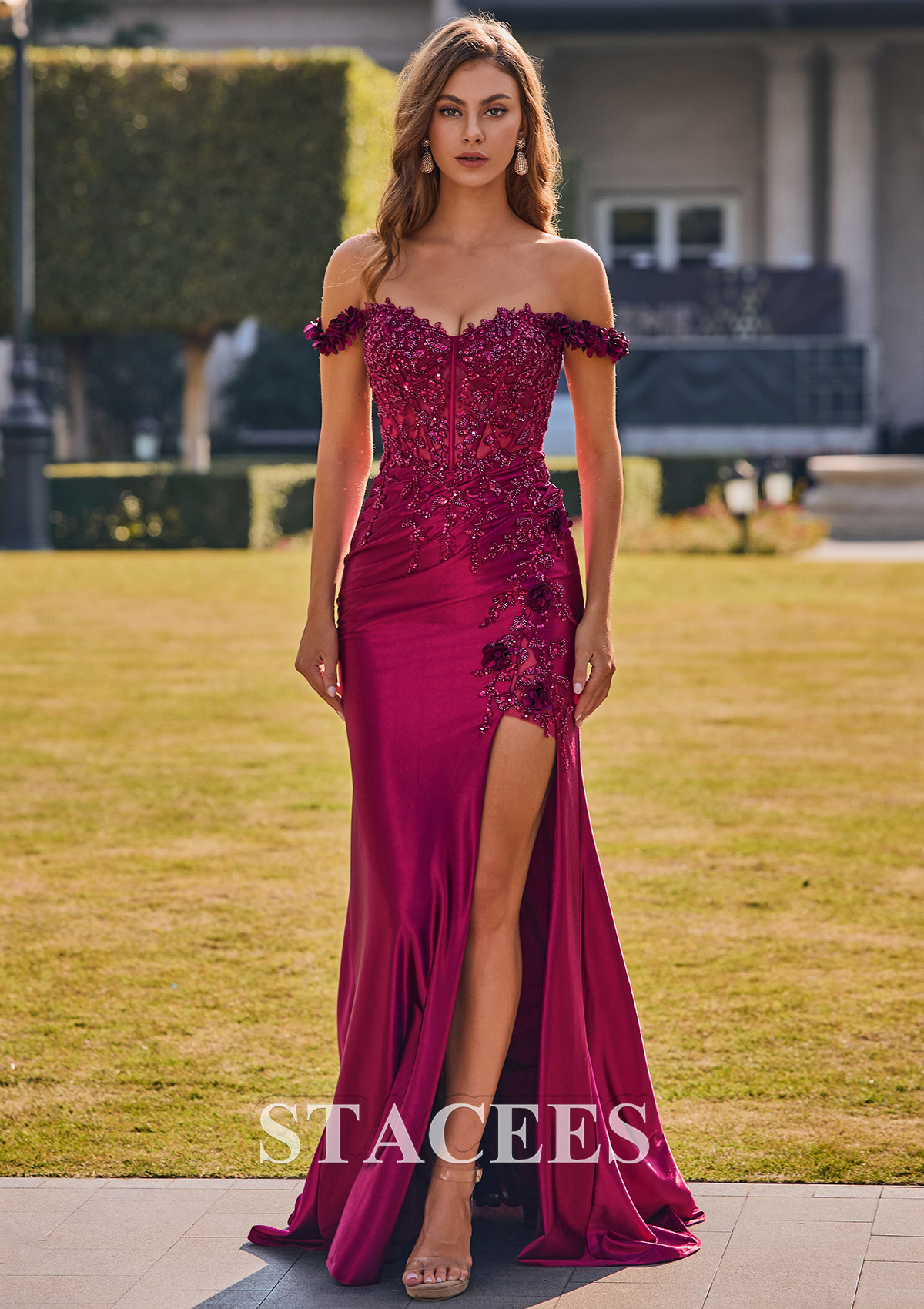 Bordeaux Trumpette/Sirène épaule dénudée soie comme du satin traîne balayage robe de bal  - STACEES
