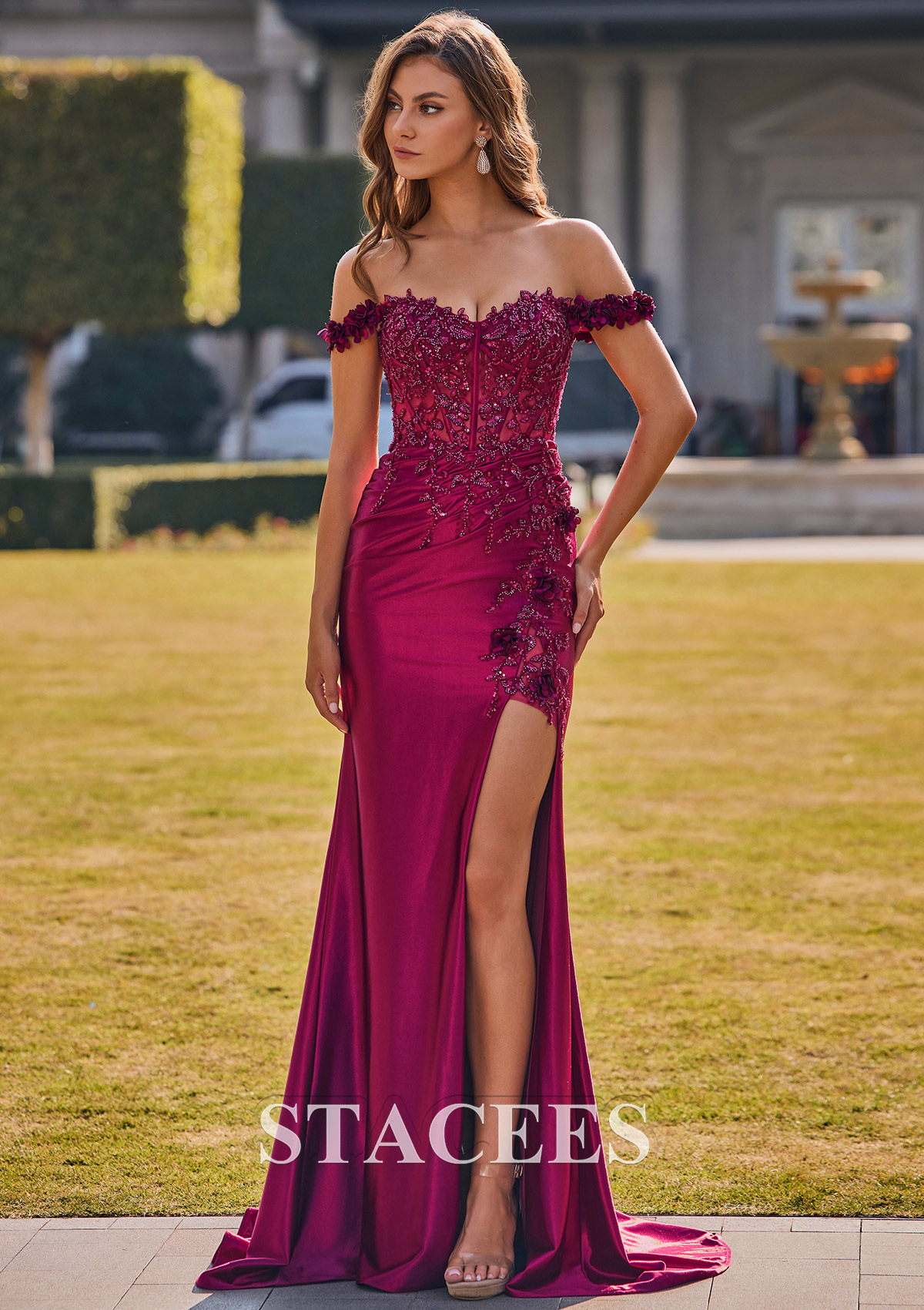 Bordeaux Trumpette/Sirène épaule dénudée soie comme du satin traîne balayage robe de bal  - STACEES