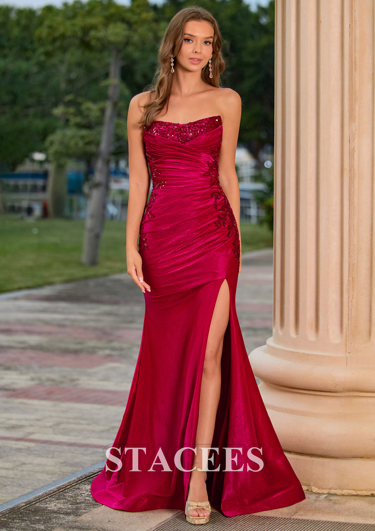 Burgundy Mermaid Strapless Beaded Applique Corset Ruched Prom Dress with Slit - STACEES