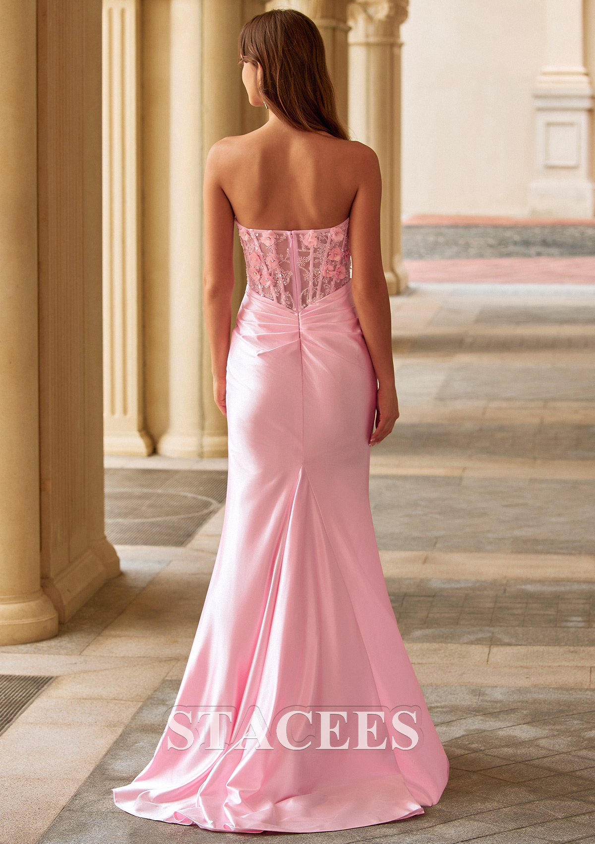 Blushing Pink Mermaid Strapless Floral Lace Corset Ruched Prom Dress with Slit - STACEES