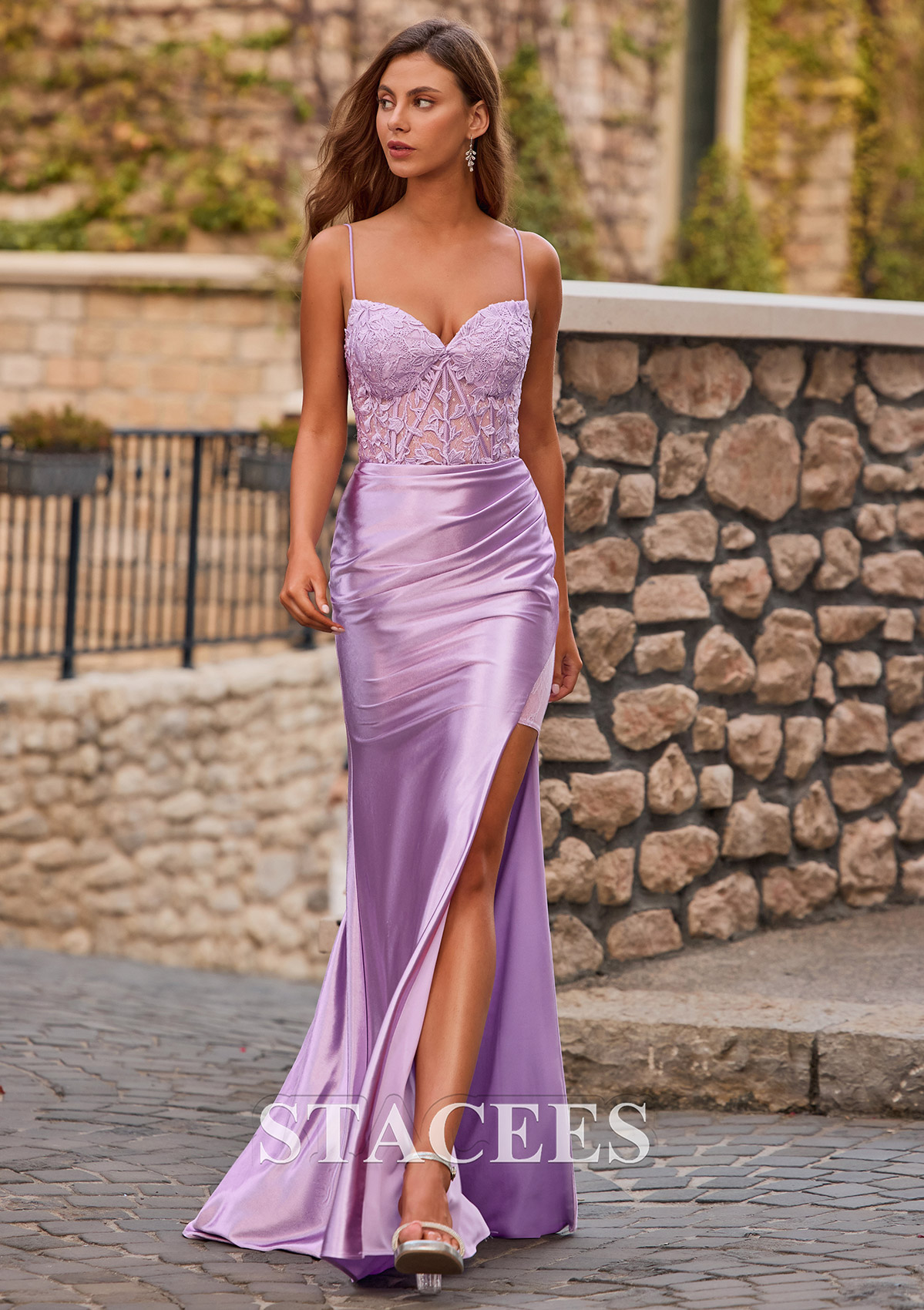 Lilac  Mermaid V Neck Silk like Satin Sheer Corset Slit Prom Dress  - STACEES