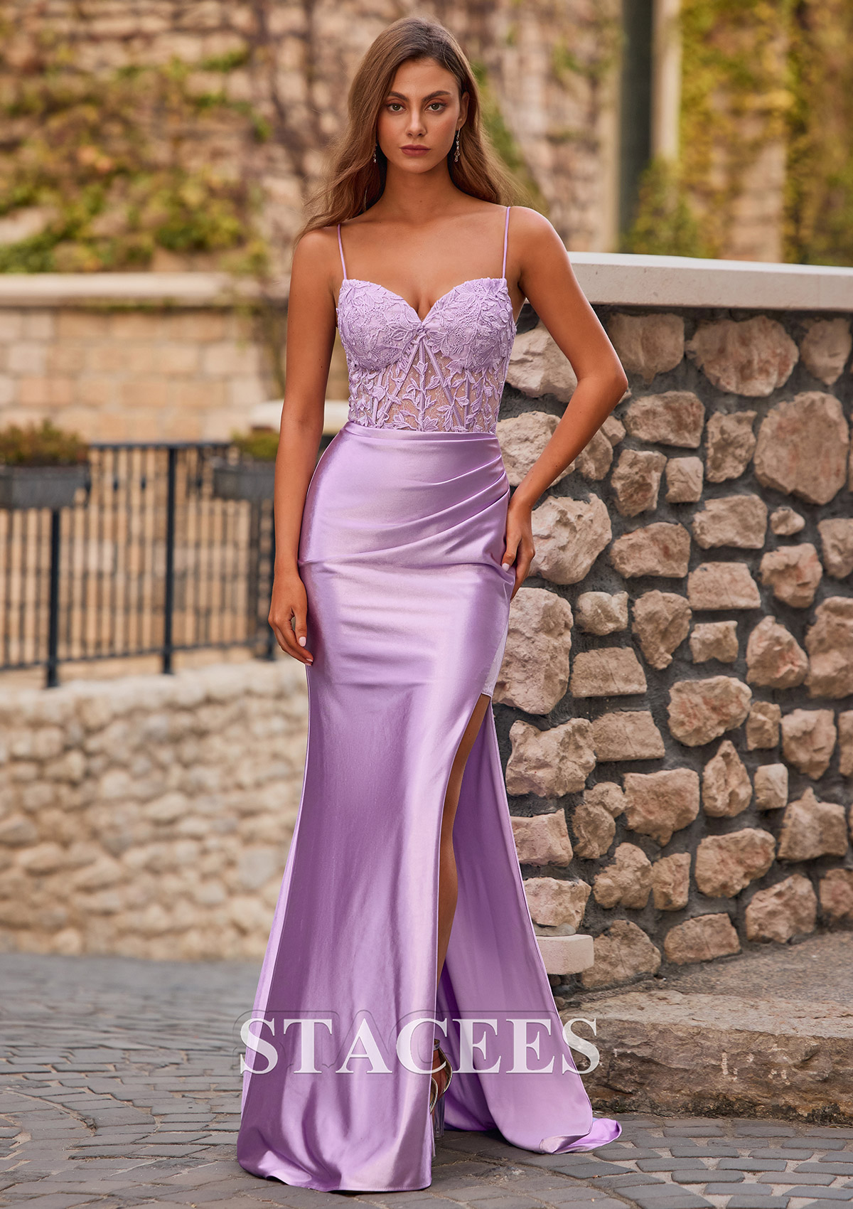 Lilac  Mermaid V Neck Silk like Satin Sheer Corset Slit Prom Dress  - STACEES