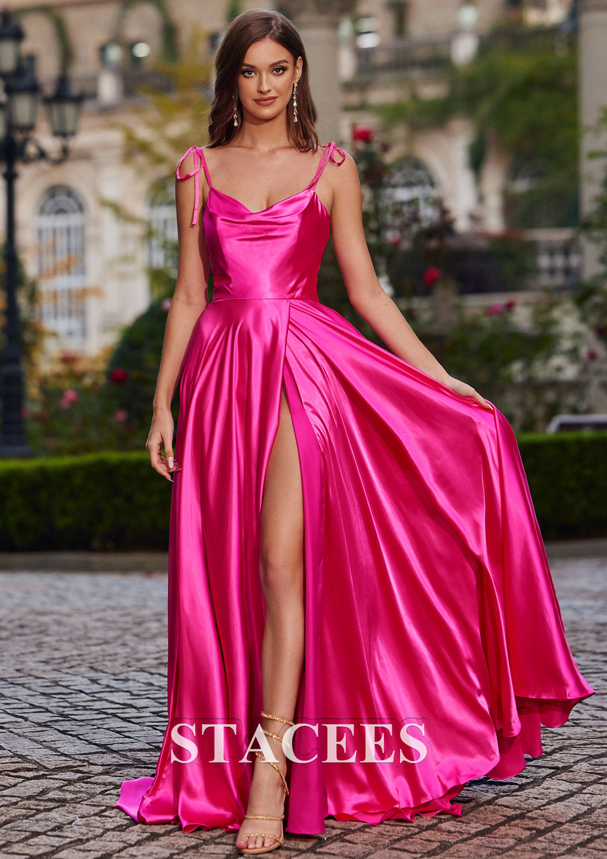Fuchsia A-line Cowl Neck Court Train Charmeuse Prom Dress with Pleated Split - STACEES
