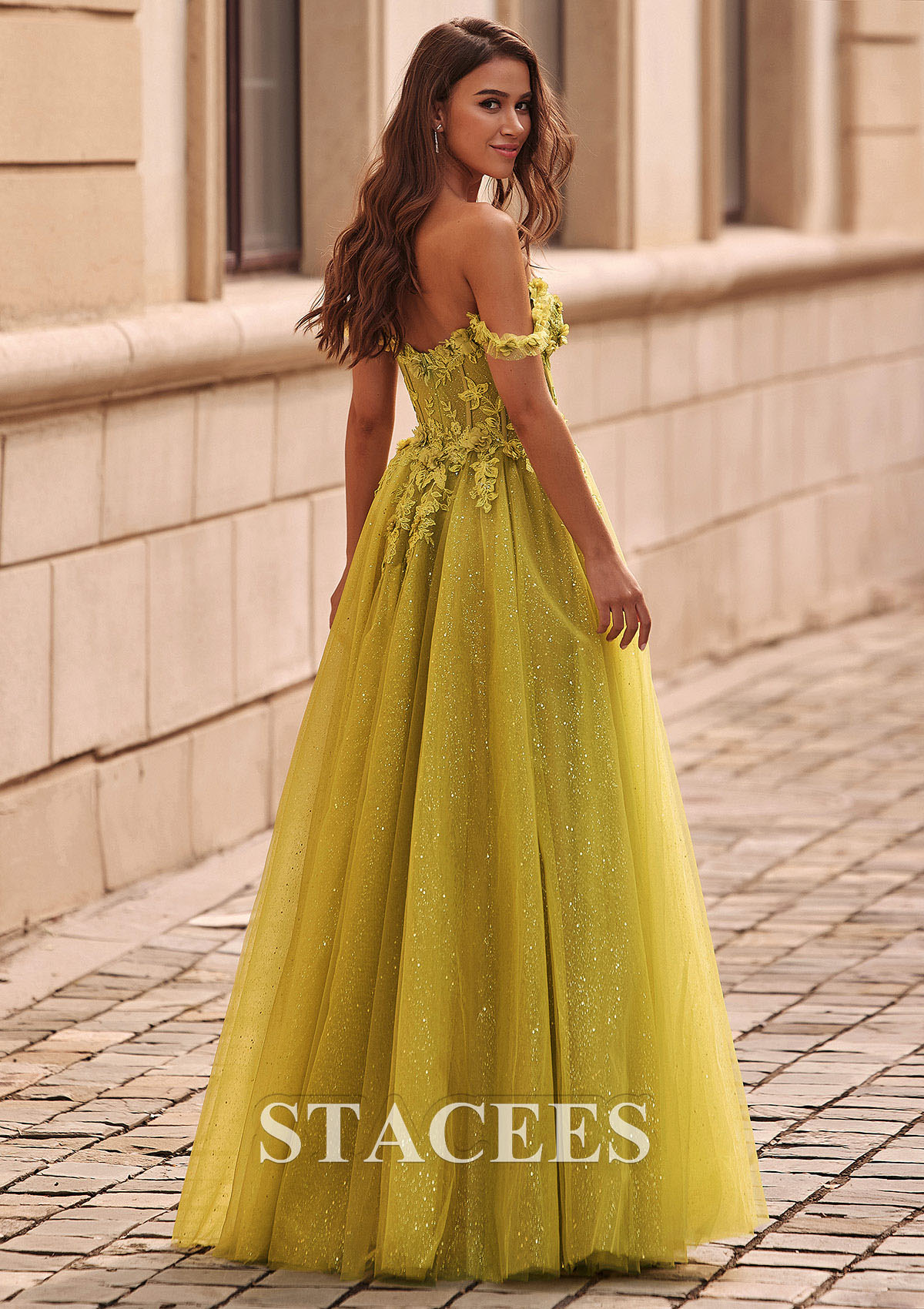 As Picture A-line Applique Sheer Corset Off-the-Shoulder Glitter Tulle Prom Dress - STACEES
