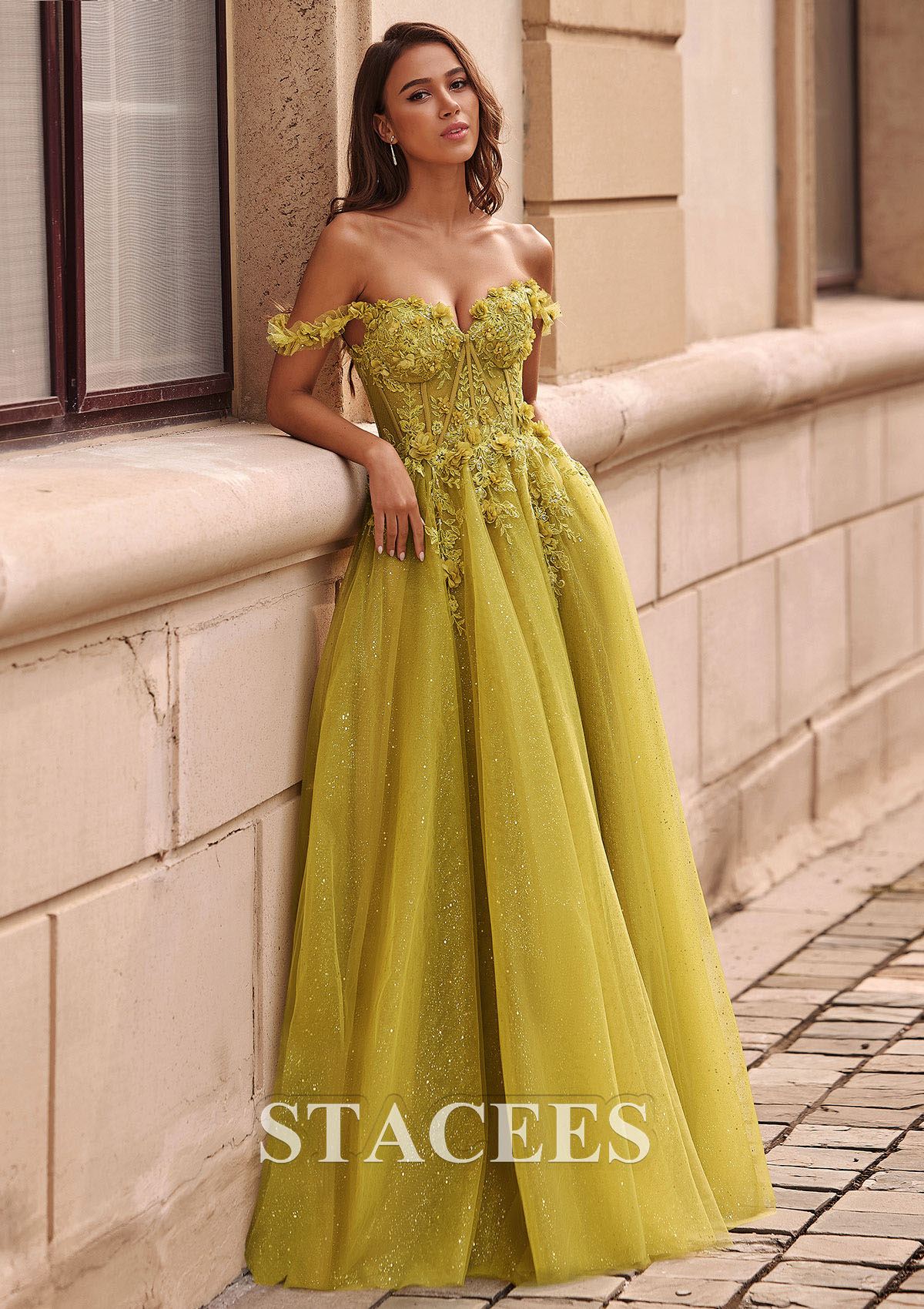 As Picture A-line Applique Sheer Corset Off-the-Shoulder Glitter Tulle Prom Dress - STACEES