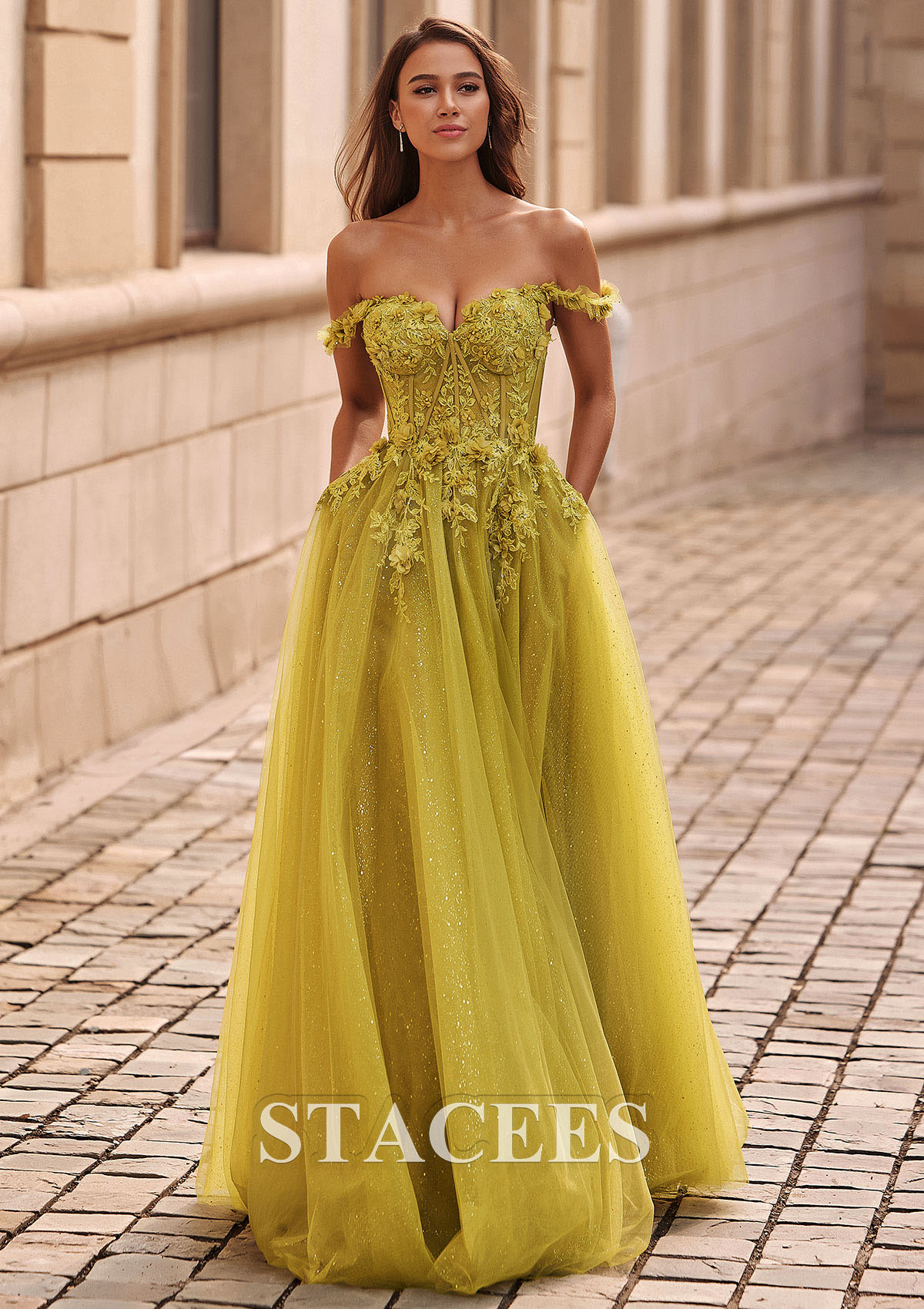 As Picture A-line Applique Sheer Corset Off-the-Shoulder Glitter Tulle Prom Dress - STACEES