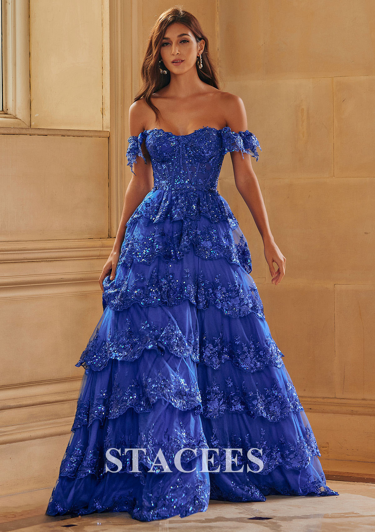 Bleu Océan Trapèze épaule dénudée tulle traîne balayage robe de bal  - STACEES