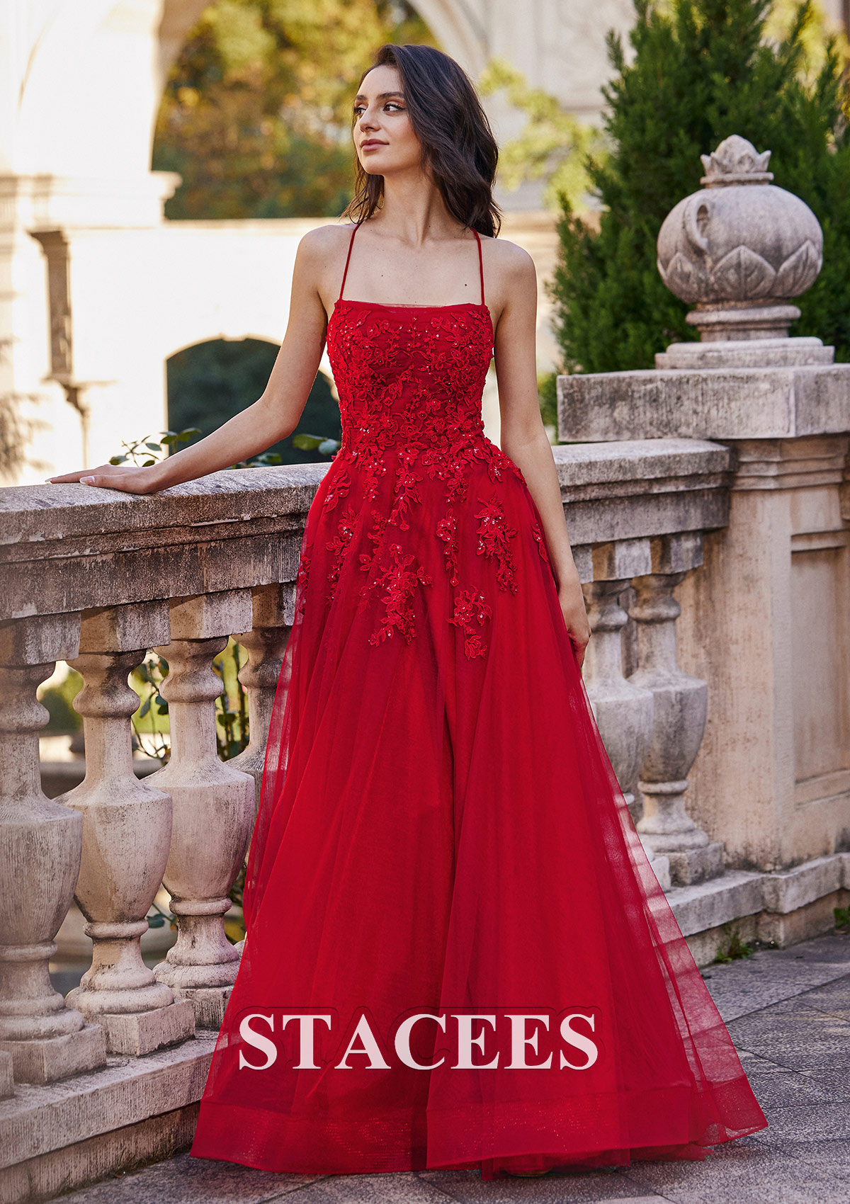 Red A-line Square Neckline Sweep Train Tulle Prom Dress with Appliqued Beading Pockets - STACEES