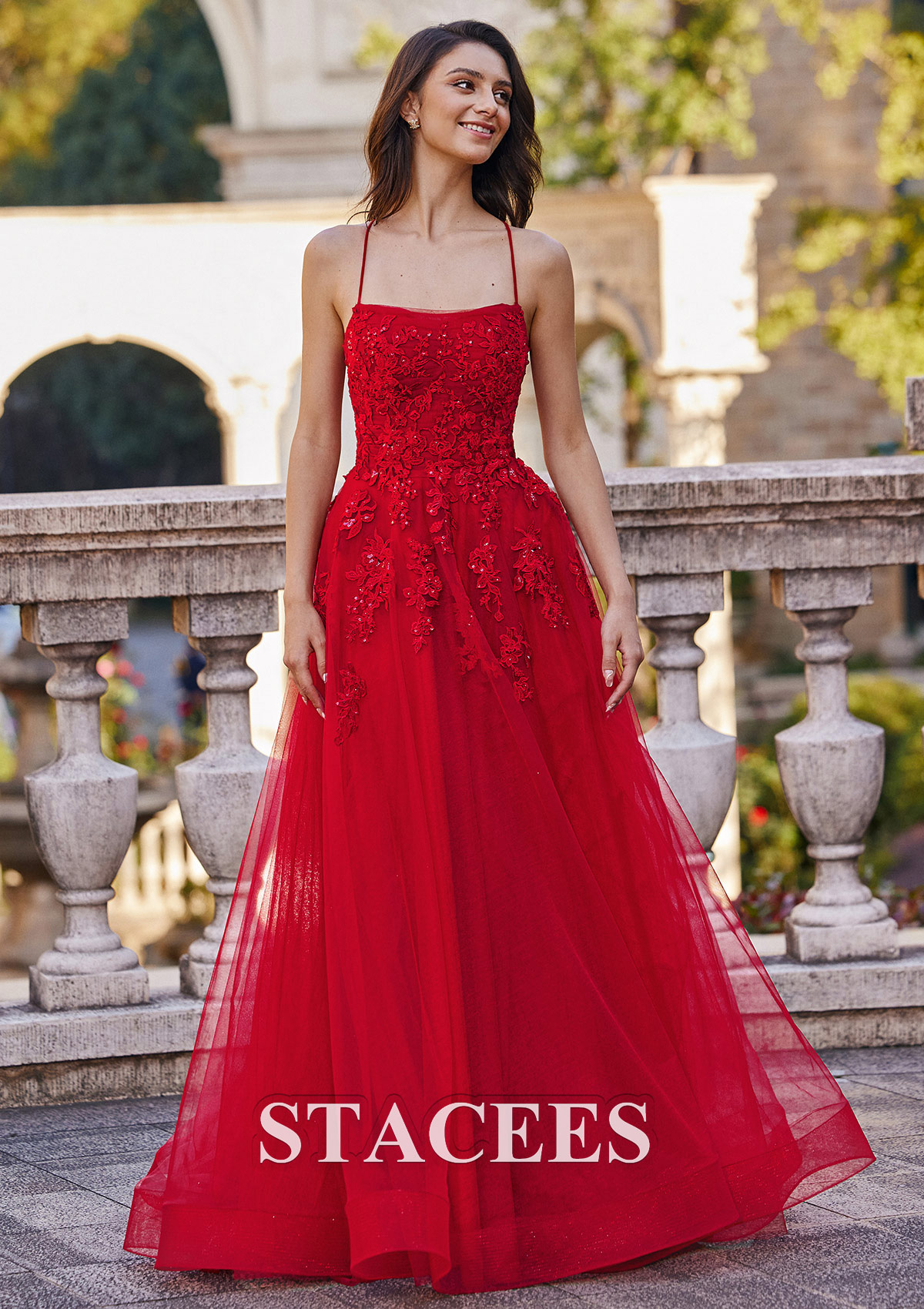 Red A-line Square Neckline Sweep Train Tulle Prom Dress with Appliqued Beading Pockets - STACEES