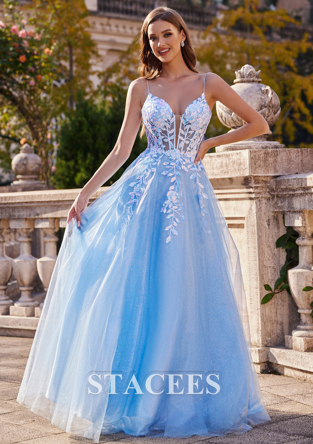 Bleu Ciel Trapèze robe princesse col en v tulle ras du sol robe de bal - STACEES