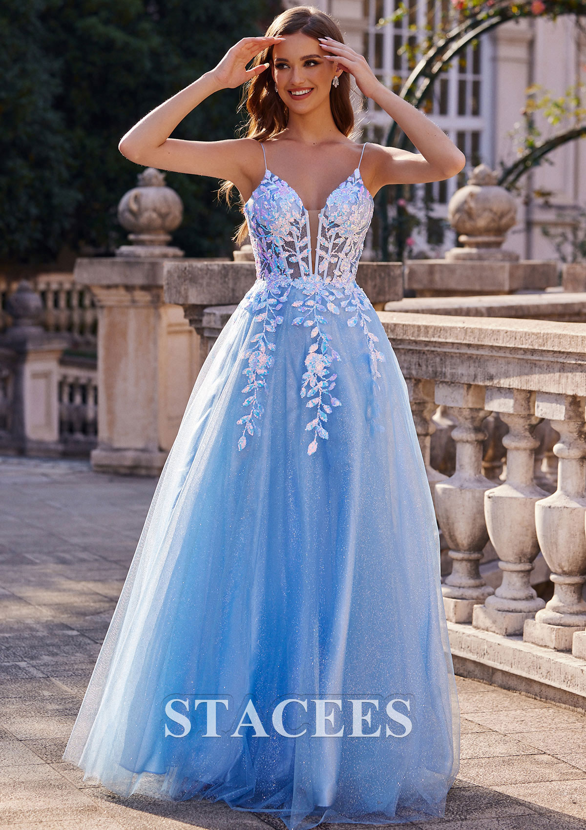 Bleu Ciel Trapèze robe princesse col en v tulle ras du sol robe de bal - STACEES