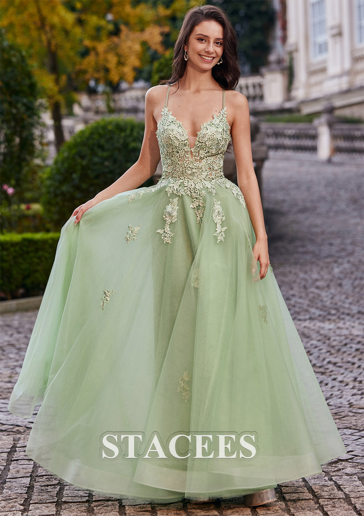 Sauge Trapèze robe princesse col en v tulle ras du sol robe de bal - STACEES
