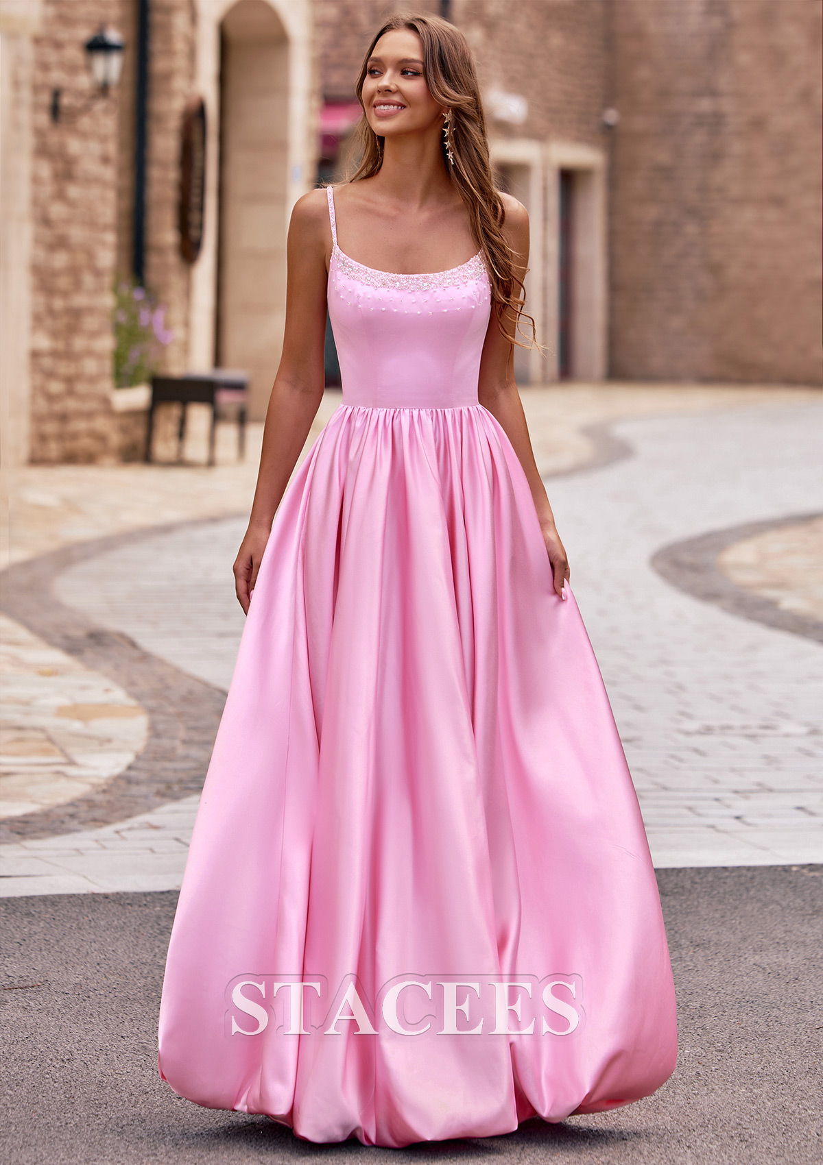 Candy Pink Ball Gown Beads Spaghetti Strap Bodice Bubble Hem Prom Dress with Pockets - STACEES