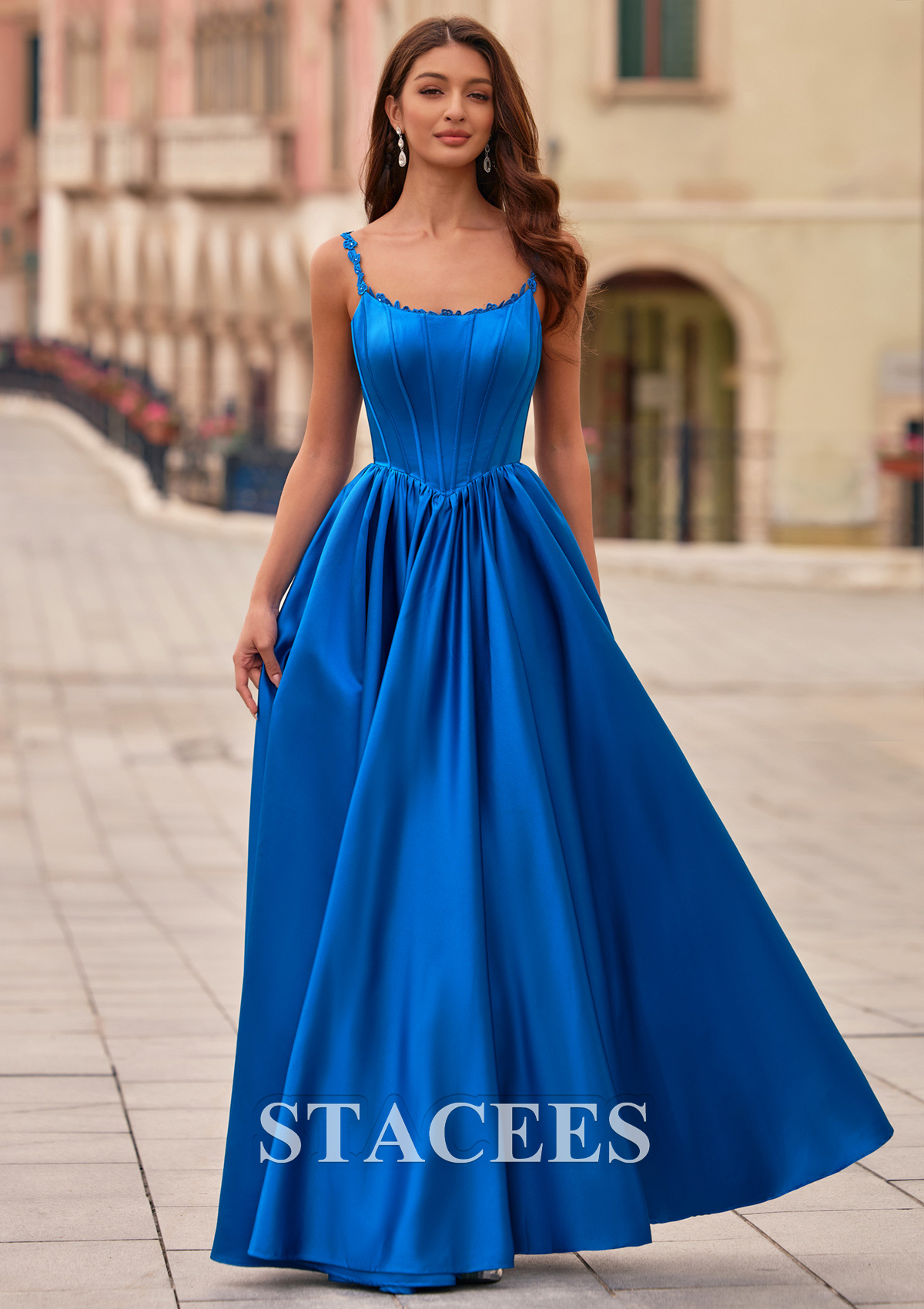 Ocean Blue Lace Spaghetti Straps Corset A-Line Satin Ball Gown Prom Dress with Pockets - STACEES